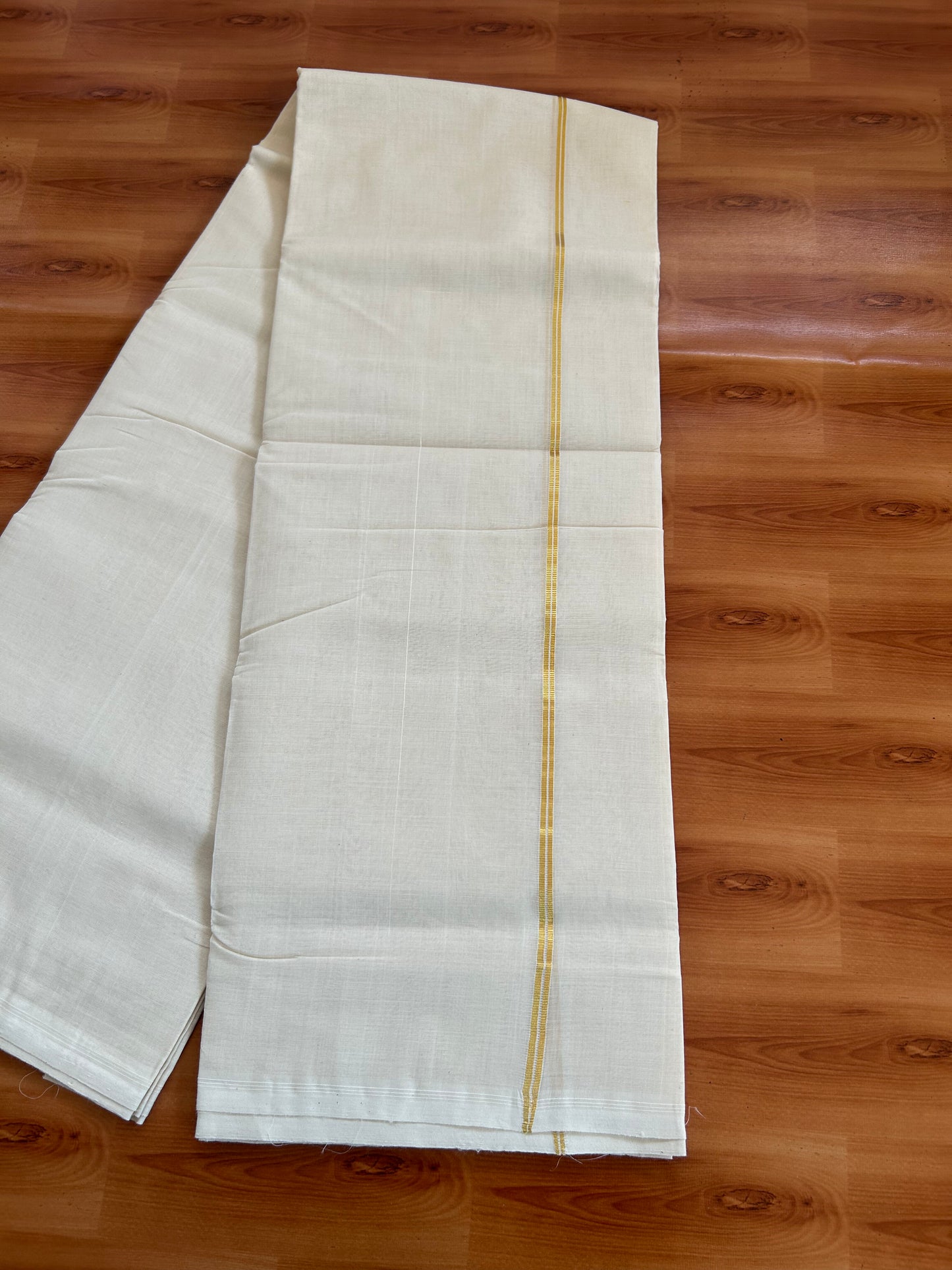 25% Discount! KaithariKada Kerala Handloom Millpaav - 100% Pure Cotton Off White (Unbleached) Double Mundu/Dhoti - 100X80 - 0.5cm Gold Kasav Kara 3.80 (8Muzham) - 50 KK5380 SOM