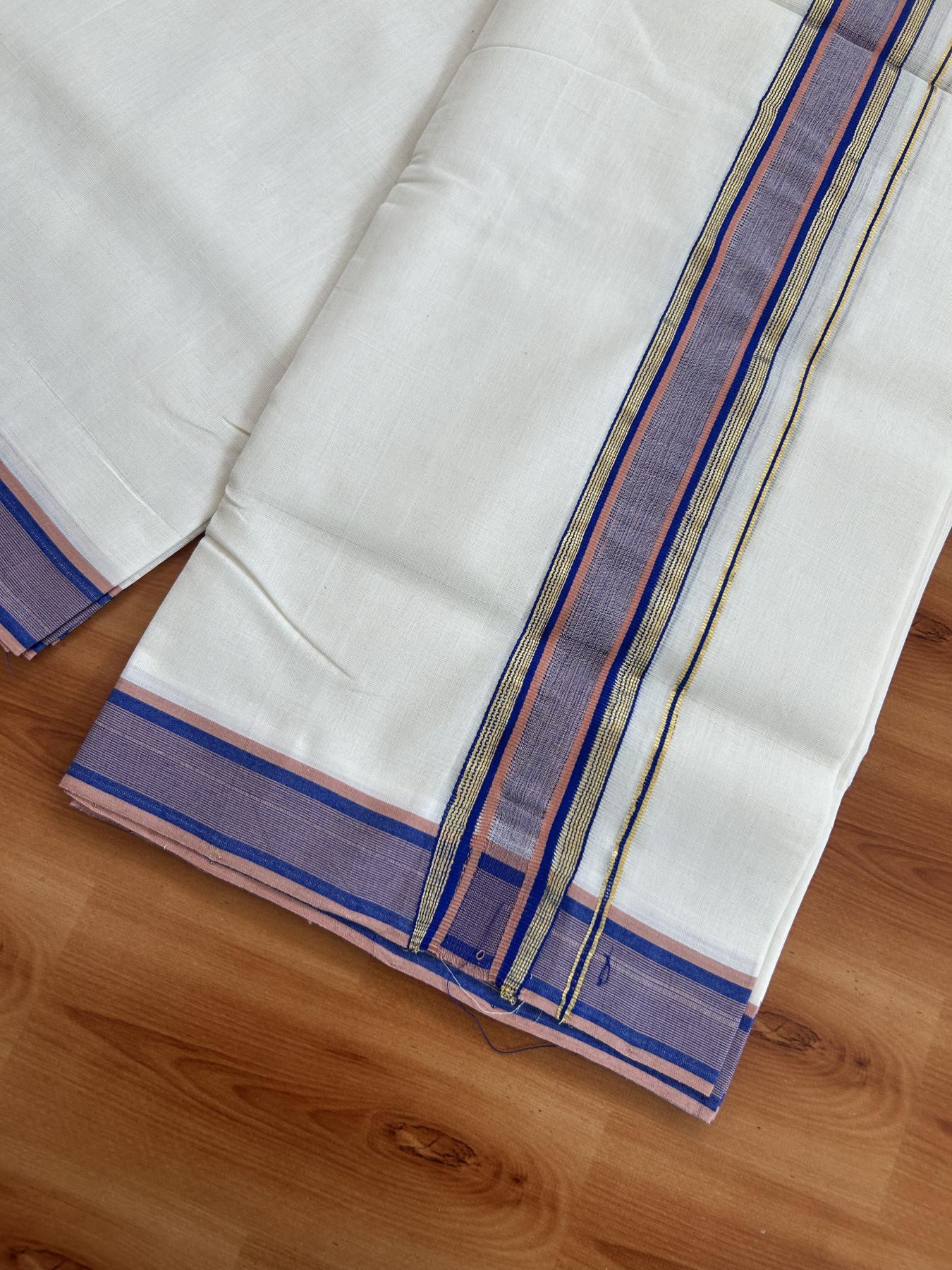 25% Discount ! KaithariKada Handloom Unakkupaav Kerala Handloom - 100% Pure Cotton Off White (Unbleached) Double Mundu/Dhoti - 100x80 - 1.75 inch Gold Kasav Blue & Cinnamon Brown Stripes Kara 3.80 mtr (8 Muzham) - 65 KK5380 SOM
