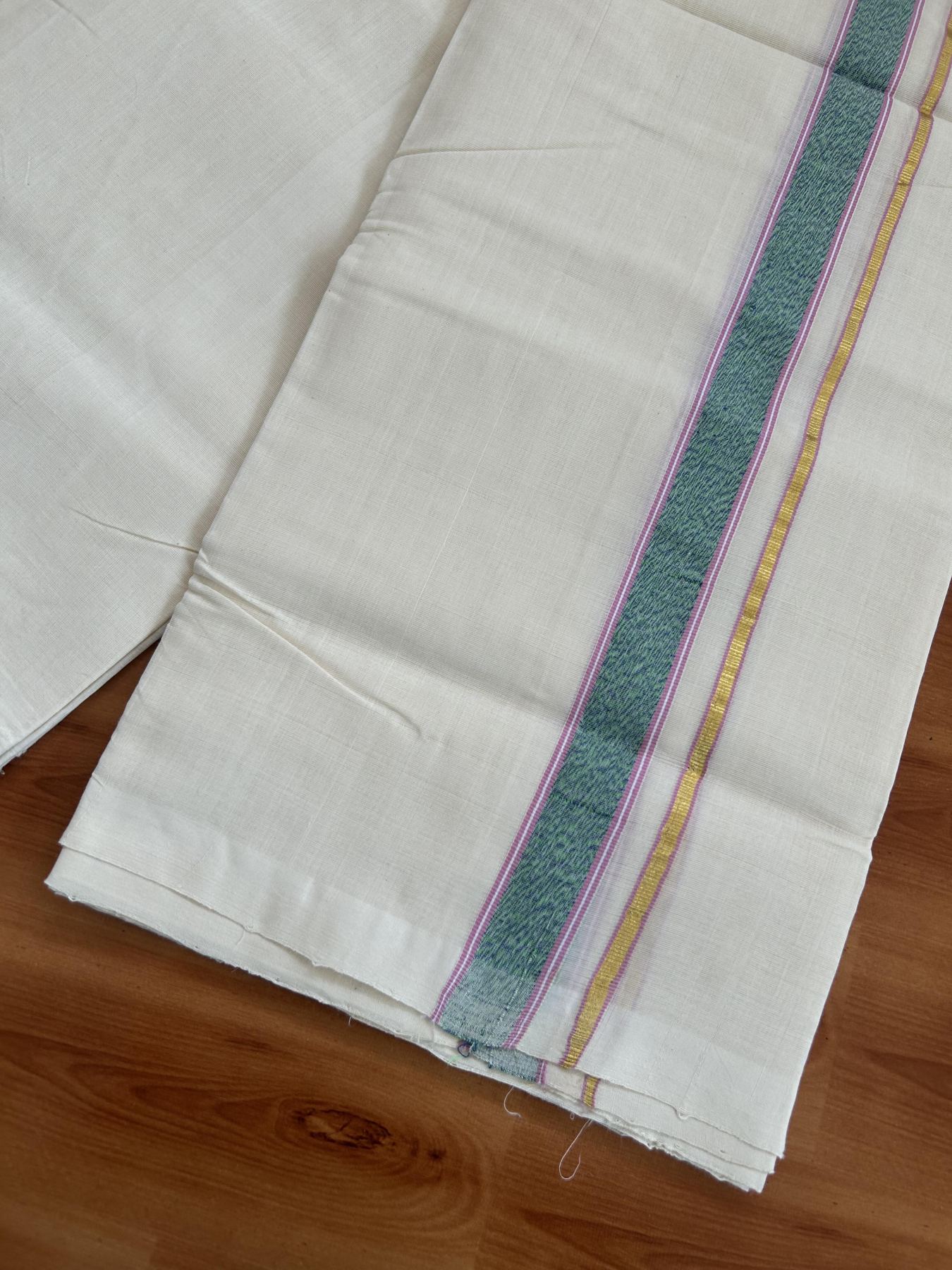 25% Discount ! KaithariKada Handloom Unakkupaav Kerala Handloom - 100% Pure Cotton Off White (Unbleached) Double Mundu/Dhoti - 100x80 - 1 inch Gold Kasav & Multi colour Stripes Kara 3.80 mtr (8 Muzham) - 64 KK5380 SOM