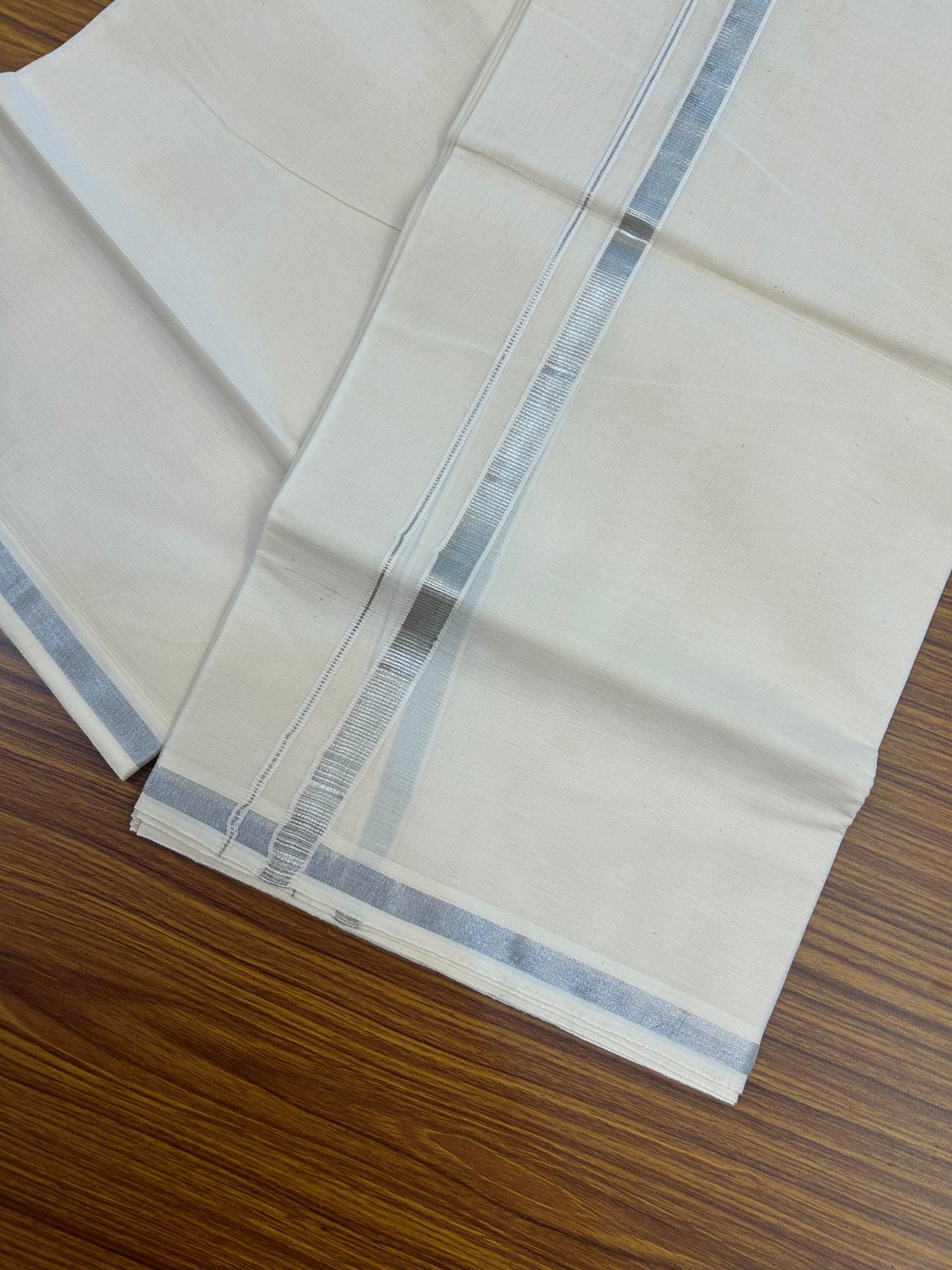 20% Discount ! Kaitharikada Balaramapuram 100% Cotton Off White Double Mundu/Dothi - 80s - 0.5 Inch Silver Kasav Kara 4 mtr ( 8.5 muzham ) - 62 KK5362 GAN