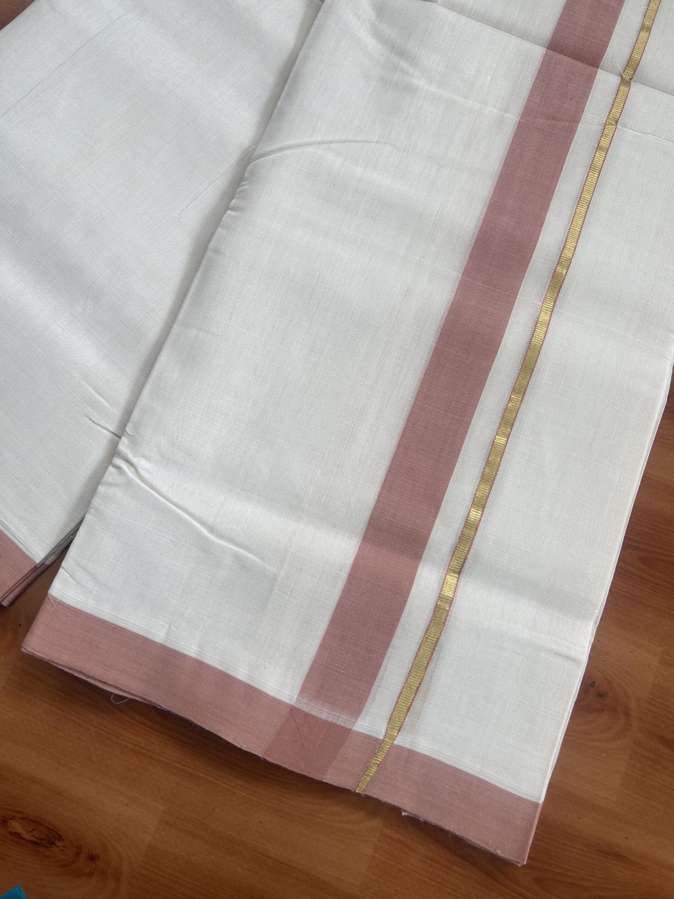 25% Discount ! KaithariKada Handloom Unakkupaav Kerala Handloom - 100% Pure Cotton Off White (Unbleached) Double Mundu/Dhoti - 100x80 - 1.25 inch Gold Kasav & Peach Brown Shaded Kara 3.80 mtr (8 Muzham) - 68 KK5380 SOM