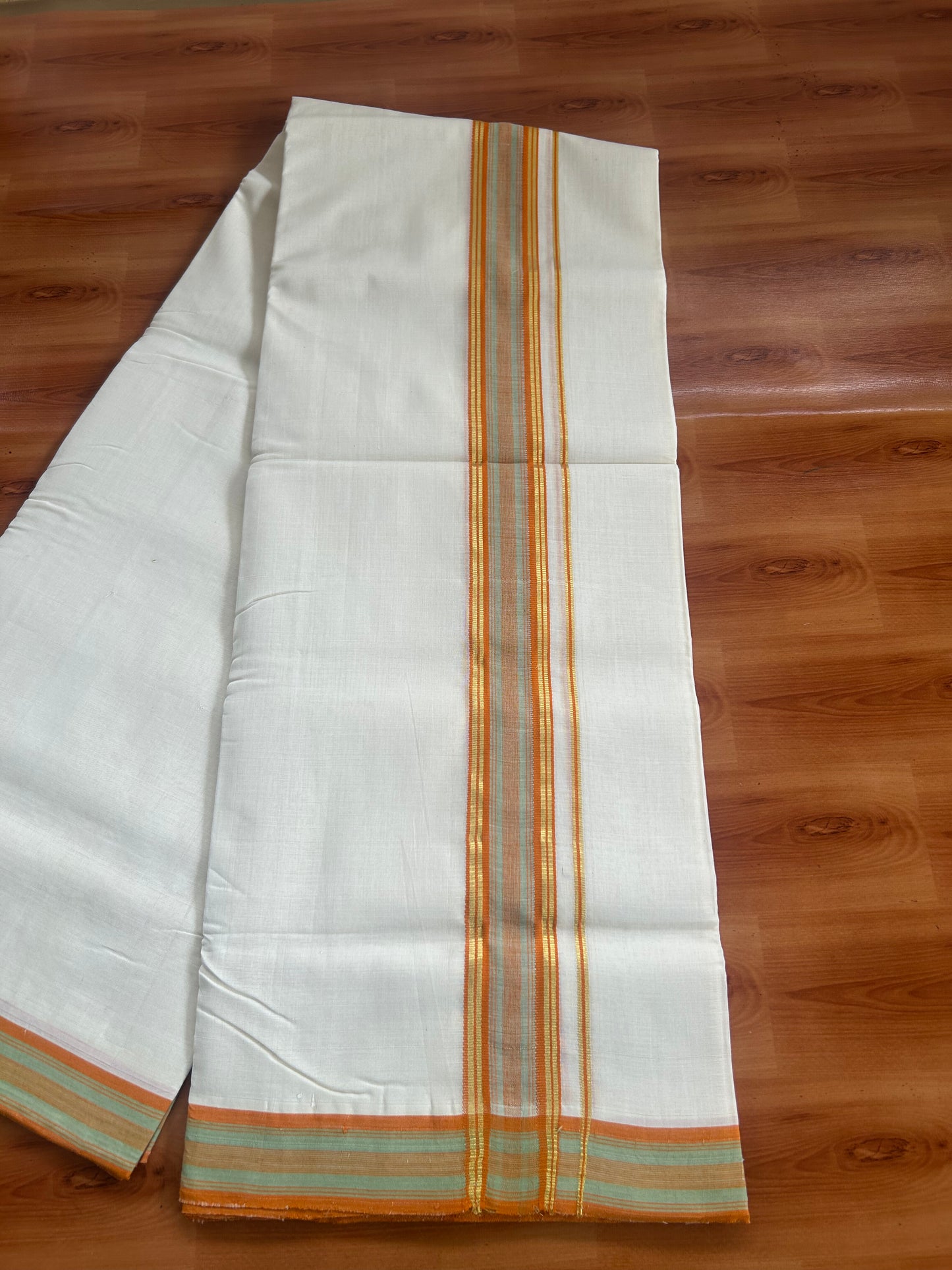 25% Discount ! KaithariKada Handloom Unakkupaav - Kerala Handloom - 100% Pure Cotton Off White (Unbleached) Double Mundu/Dhoti - 100x80 - 1.75 inch Gold Kasav & Orange & Sage Striped Kara 4 mtr (8.5 Muzham) - 86 KK5380 SOM