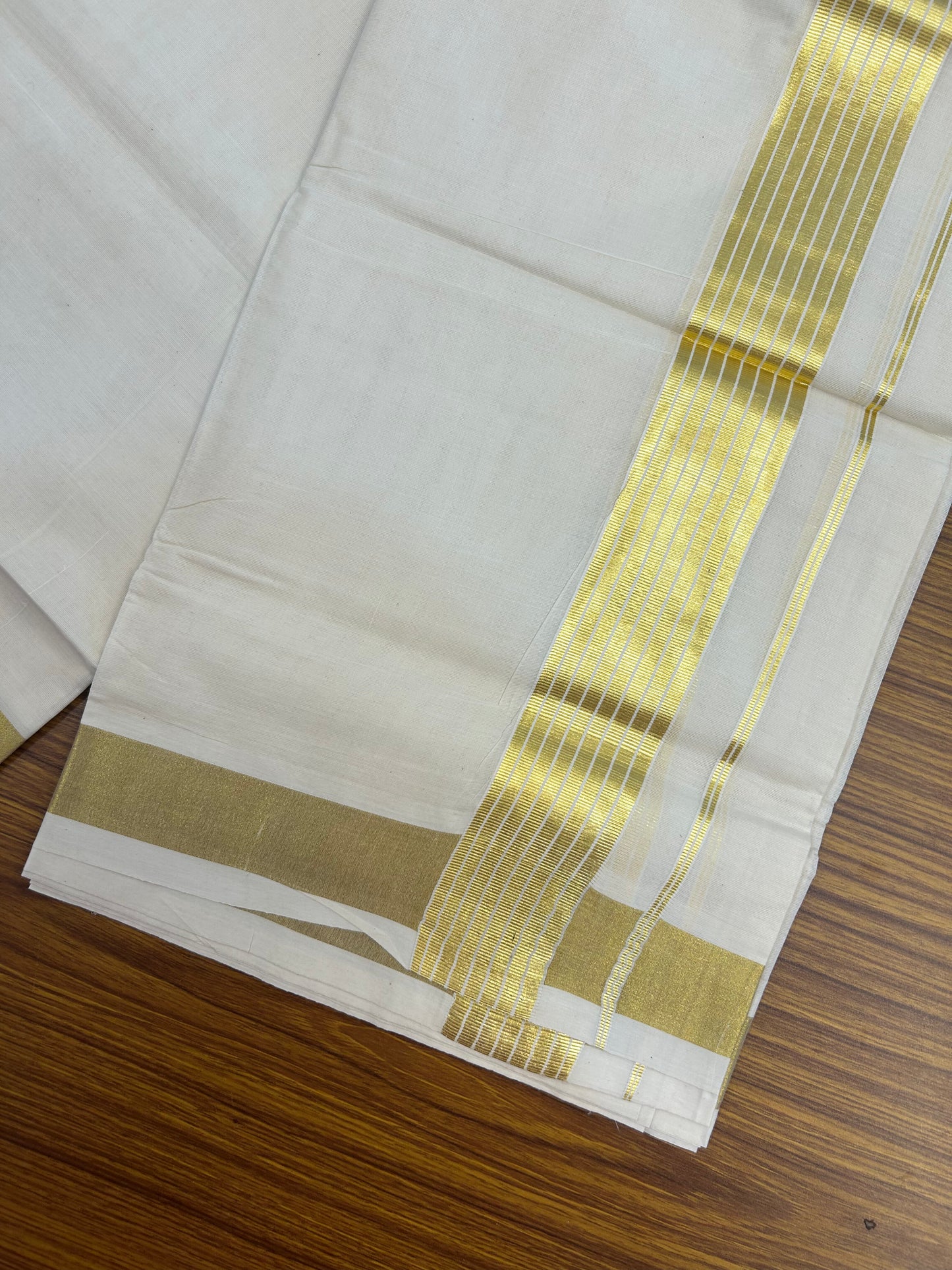 20% Discount! Kaitharikada Balaramapuram 100% Cotton Off White Double Mundu/Dothi - 80s - 2 Inch Gold Kasav Striped Kara - 4 mtr ( 8.5 Muzham ) - 64 KK5362GAN