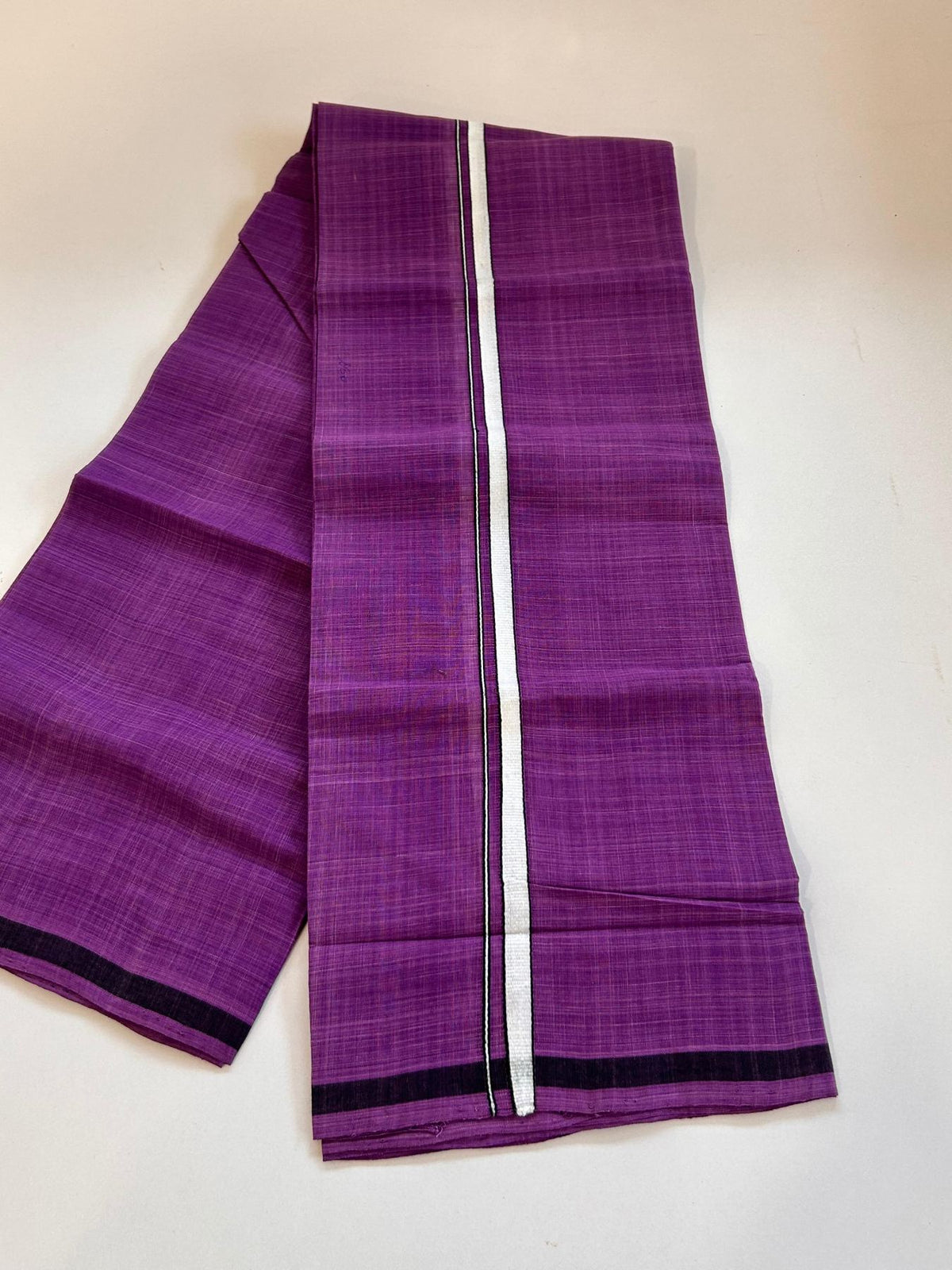 Kerala Handloom Single Kaily/Lungi - KaithariKada 100% Pure Cotton - 40s - 1 cm Black & White Stripes Kara With Purple Colour Body - (2 meter / 4 muzham) - 4 KK8081 ELA
