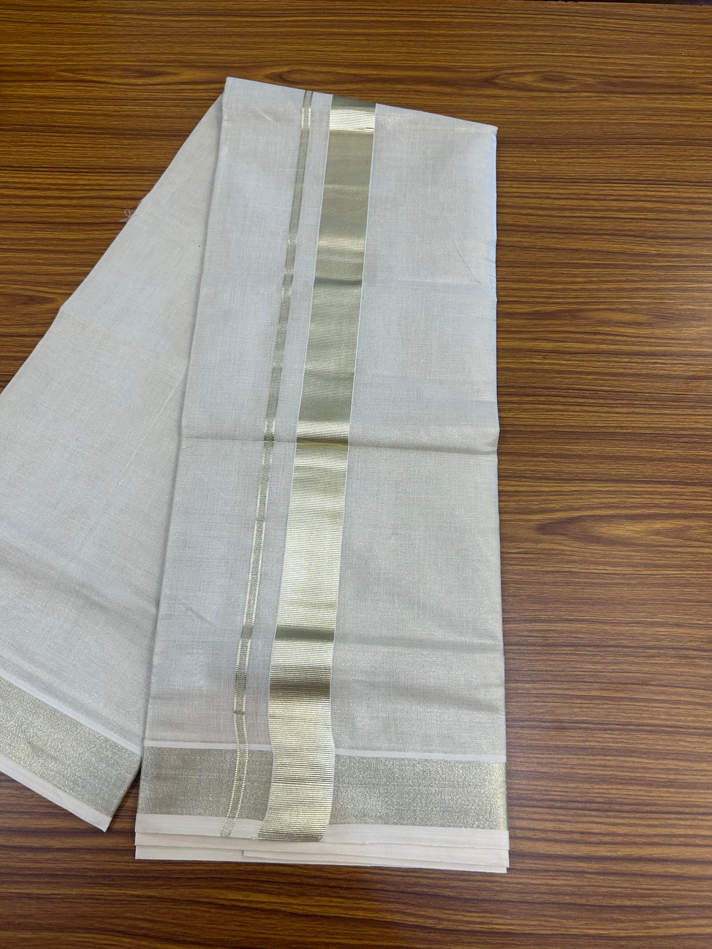 20% Discount! KaithariKada Balaramapuram Cotton Mix - 60s - Double Dhoti/Mund - 1.5 inch Light Gold Kasav Tissue kara 4.00 m (8.5 muzham)- 21 KK5362 GAN