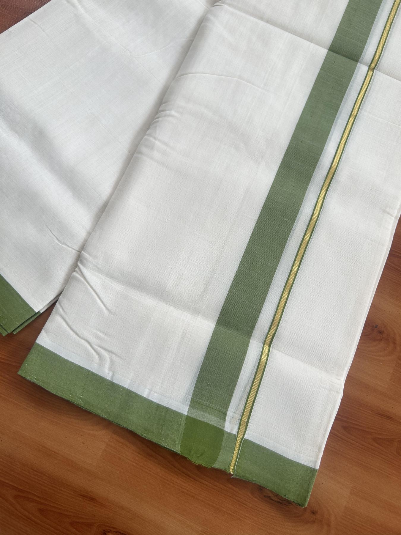 25% Discount ! KaithariKada Handloom Unakkupaav Kerala Handloom - 100% Pure Cotton Off White (Unbleached) Double Mundu/Dhoti - 100x80 - 1.25 inch Gold Kasav & Light Green Shaded Kara 3.80 mtr (8 Muzham) - 67 KK5380 SOM