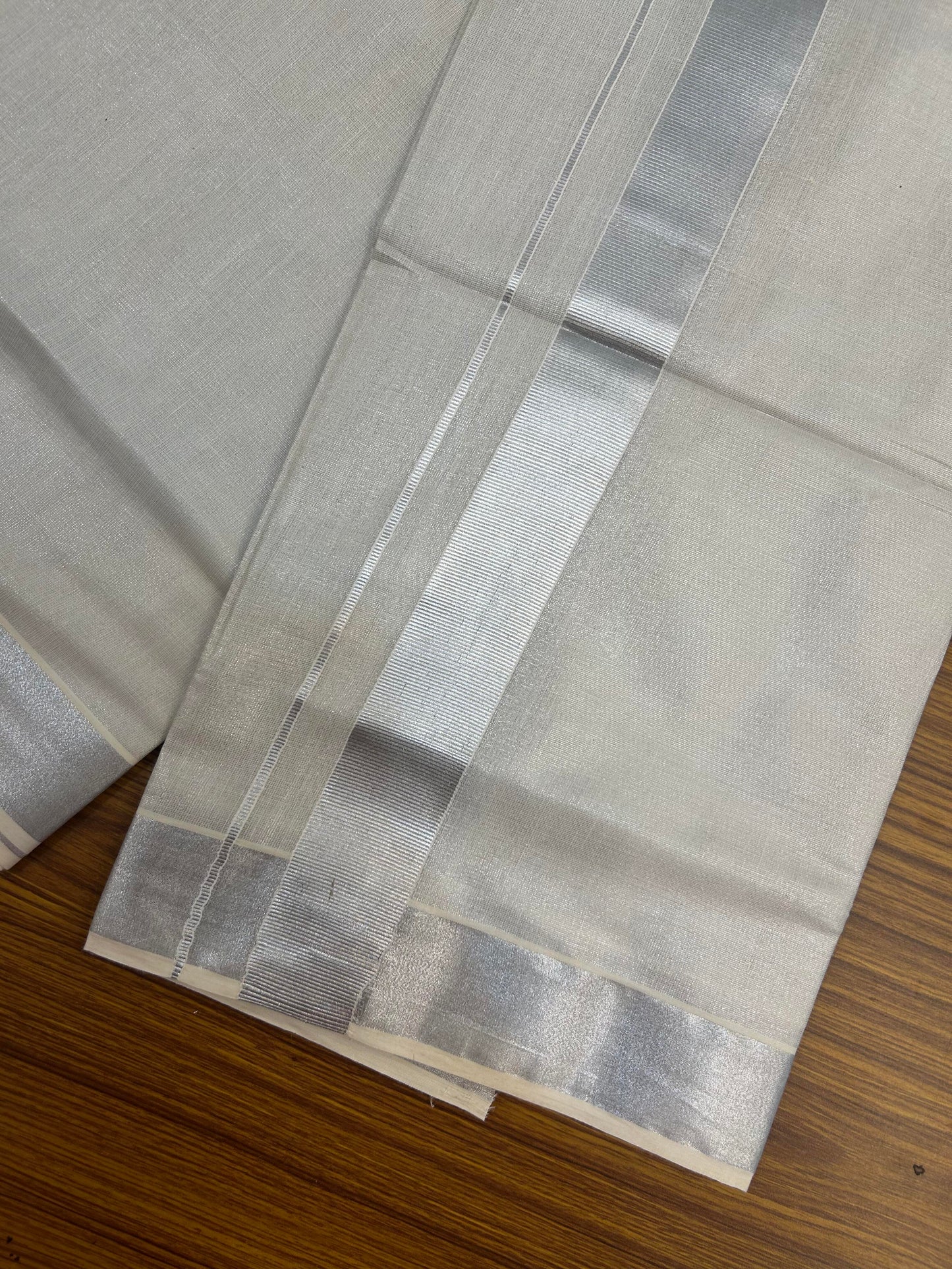 20% Discount! KaithariKada Balaramapuram Cotton Mix - 60s - Double Dhoti/Mund - 1.5 inch Light Silver Kasav Tissue kara 4.00 m (8.5 muzham) - 22 KK5362 GAN