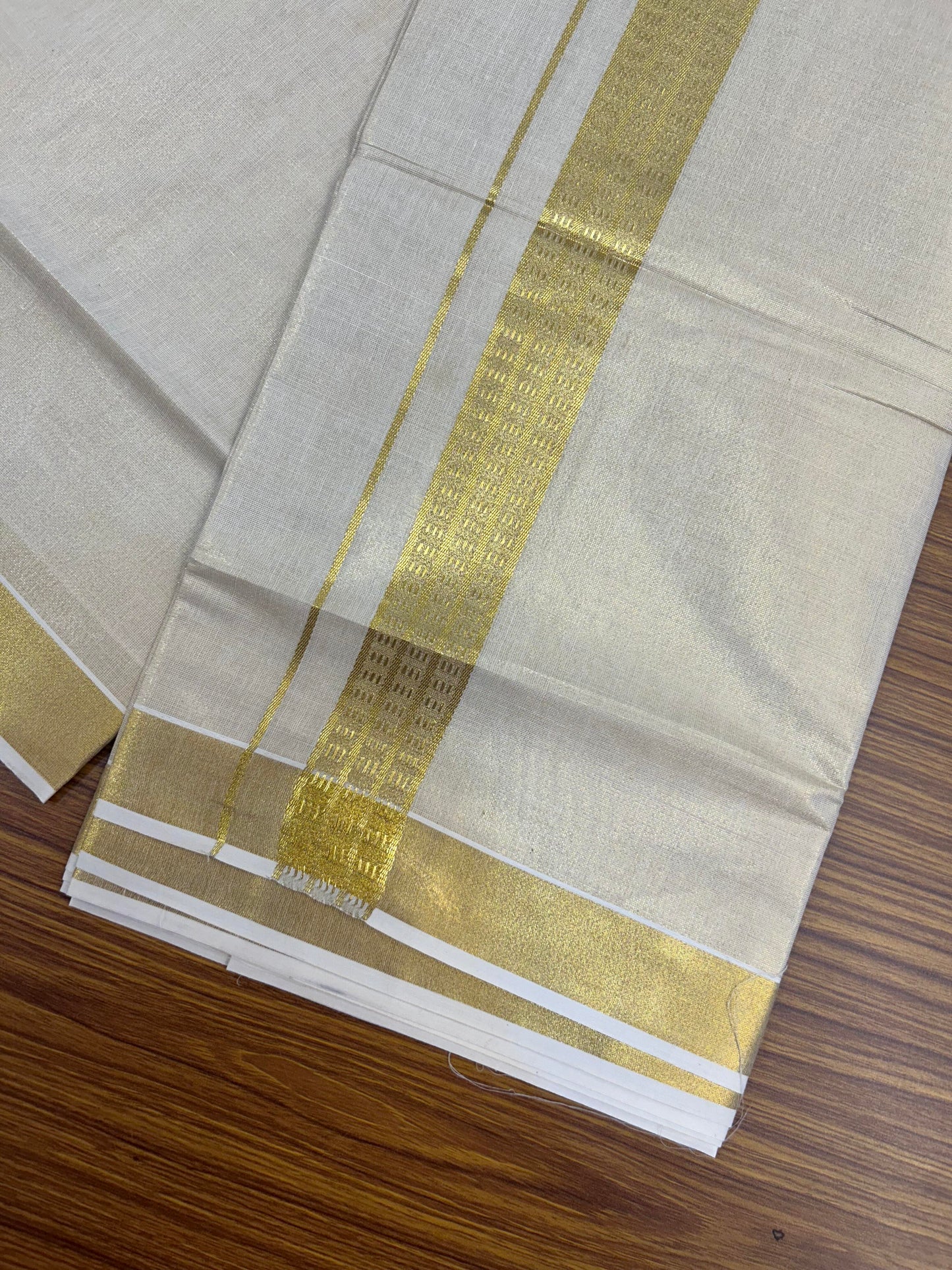 20% Discount! Kaitharikada Balaramapuram Mixed Cotton - Gold Kasav Tissue Material Double Dhoti/Mund - (60s) - 1.5 inch Gold Kasav Design kara 4 mtr (8.5 muzham) - 23 KK5362 GAN
