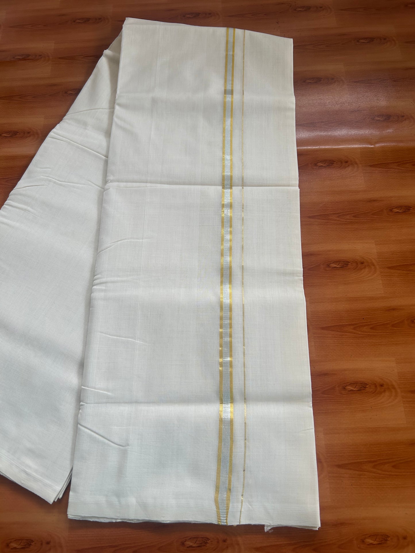 25% Discount! KaithariKada Kerala Handloom Unakkupaav - 100% Pure Cotton Off White (Unbleached) Double Mundu/Dhoti - 100X80 - 0.5 inch Gold & Silver Kasav Kara 4 mtr (8.5Muzham) - 53 KK5380 SOM