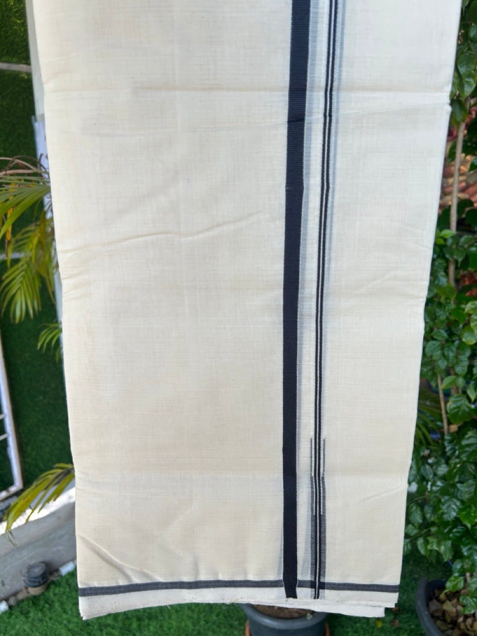 25% Discount KaithariKada HANDLOOM Millpaav Balaramapuram - 100% PURE Cotton off white - (Unbleached) Double Mundu/Dhoti - Puliyilakkara 1 cm Black Chutty - 2KK5175RAM