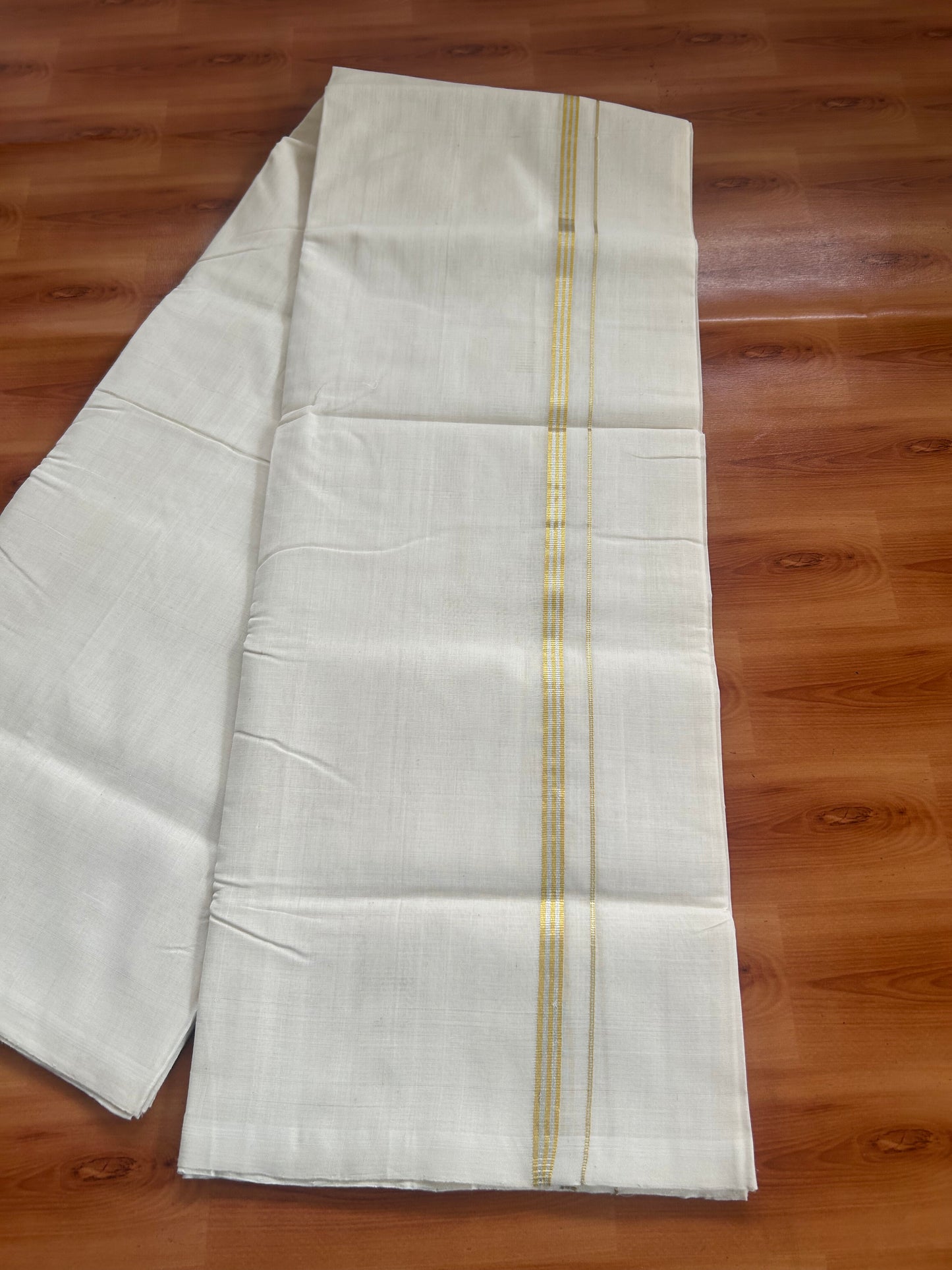 25% Discount! KaithariKada Kerala Handloom Unakkupaav - 100% Pure Cotton Off White (Unbleached) Double Mundu/Dhoti - 100X80 - 1cm Gold & Silver Striped Kasav Kara 4 mtr (8.5Muzham) - 54 KK5380 SOM