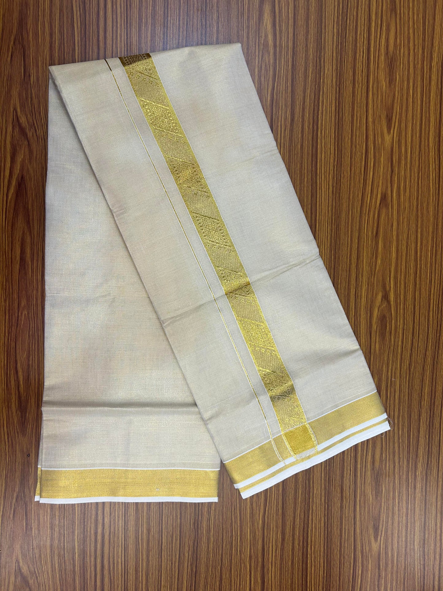20% Discount! Kaitharikada Balaramapuram Mixed Cotton - Gold Kasav Tissue Material Double Dhoti/Mund - (60s) - 1.5 inch Gold Kasav Design kara 4 mtr (8.5 muzham) - 25 KK5362 GAN