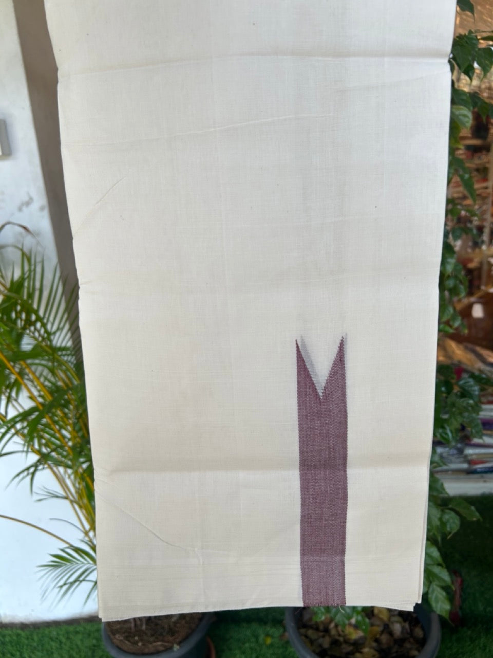 25% DISCOUNT ! KaithariKada HANDLOOM Unakkupaav Balaramapuram - 100% PURE Cotton Off White - (Unbleached) Double Mundu/Dhoti - 100x100 - 1.25 Inch Brown Chutty - 11KK5176ABH