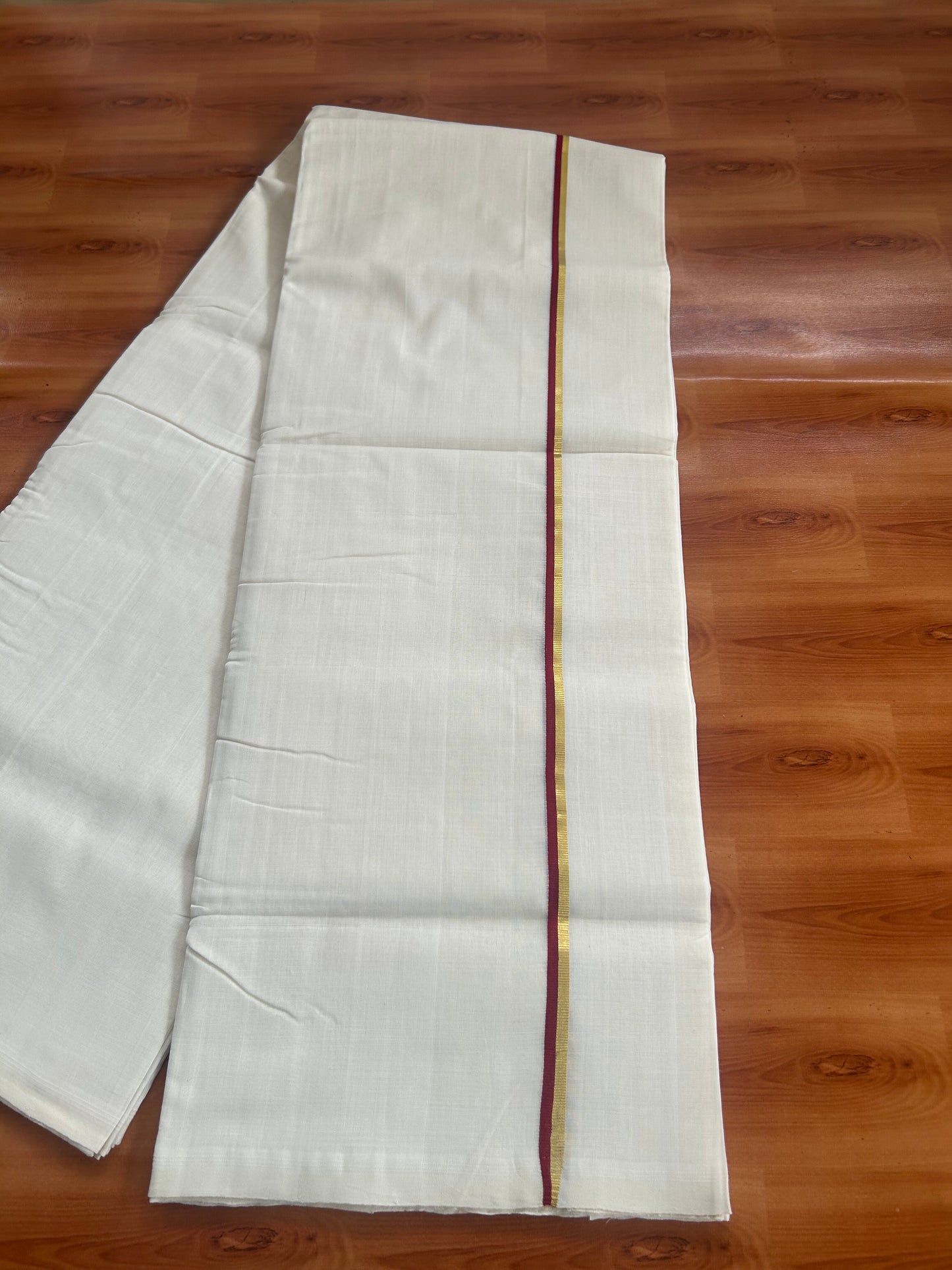 25% Discount ! KaithariKada Handloom Unakkupaav - Kerala Handloom - 100% Pure Cotton Off White Unbleached) Double Mundu/Dhoti - 100x80 - 1 cm Gold Kasav & Maroon Kara 4 mtr (8.5 Muzham) - 71 KK5380 SOM
