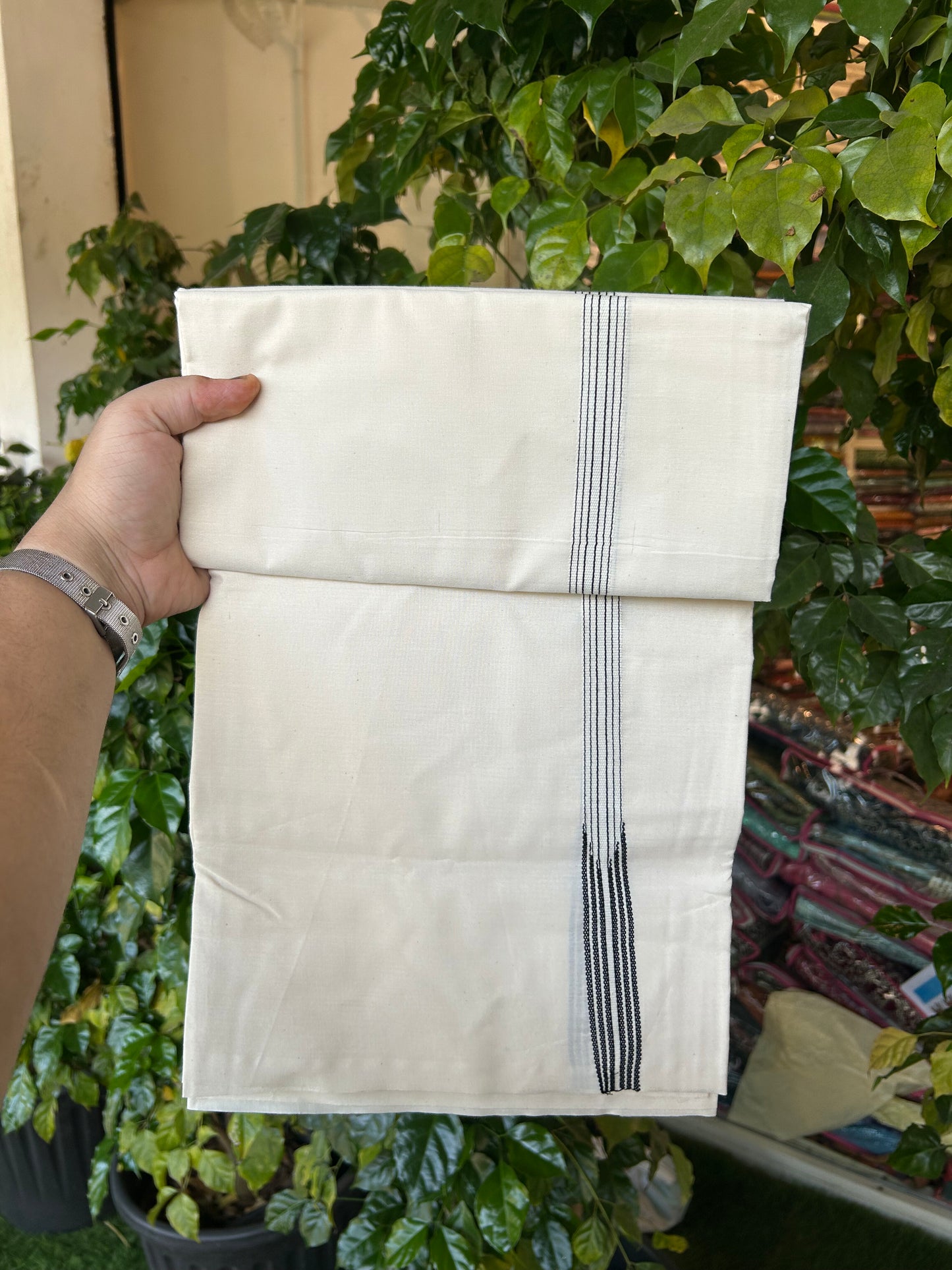 20% Discount !! KaithariKada Balaramapuram 100% Cotton Single Off White - (Unbleached) Mundu/Dhoti-100X100 - 0.75 inch Puliyilakkara 6 Line Black Striped Chutty Kara (2.25 meter / 4.82 muzham) - 1 KK5338 ASH