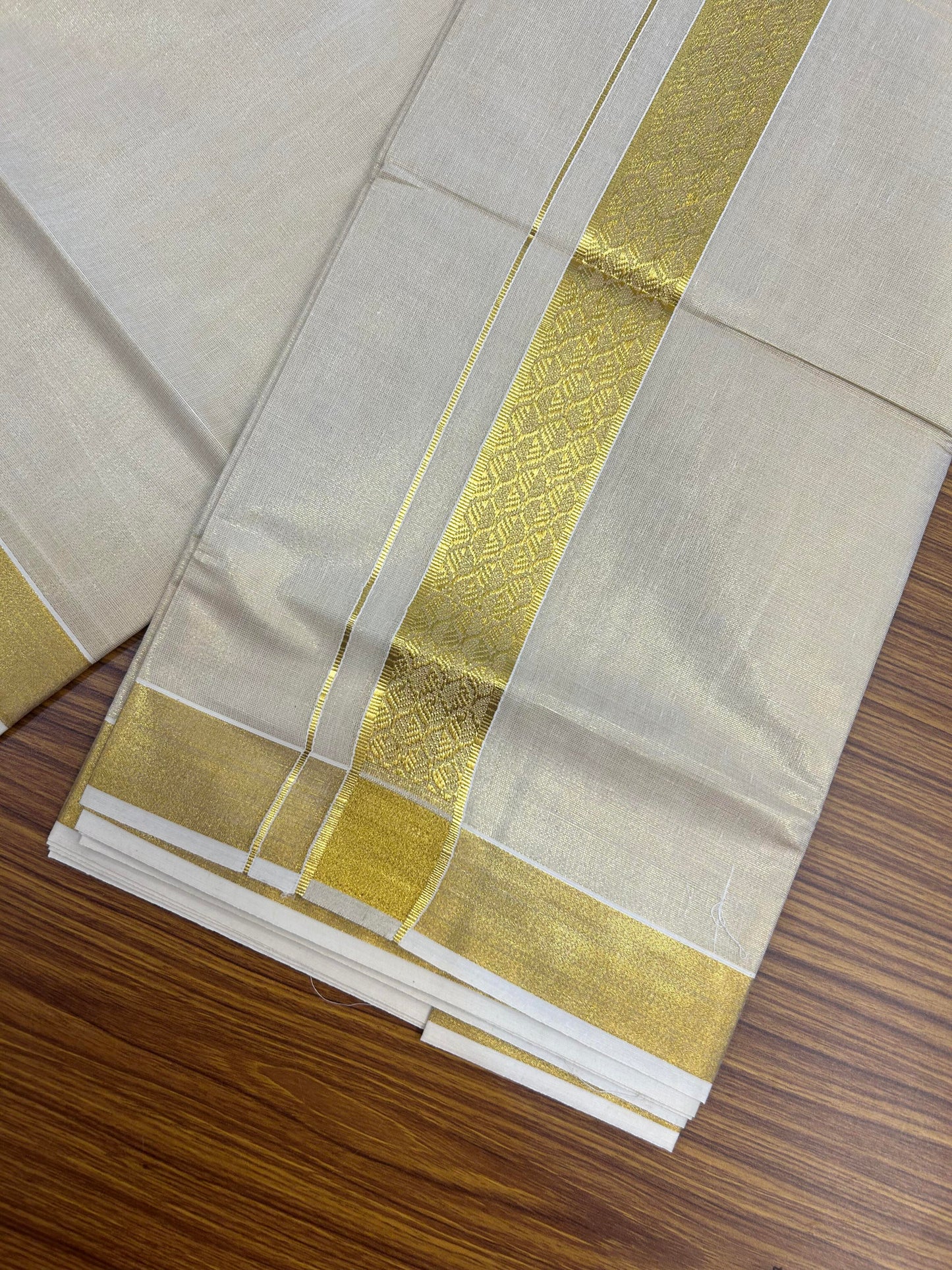 20% Discount! Kaitharikada Balaramapuram Mixed Cotton - Gold Kasav Tissue Material Double Dhoti/Mund - (60s) - 1.75 inch Gold Kasav Design kara 4 mtr (8.5 muzham) - 28 KK5362 GAN