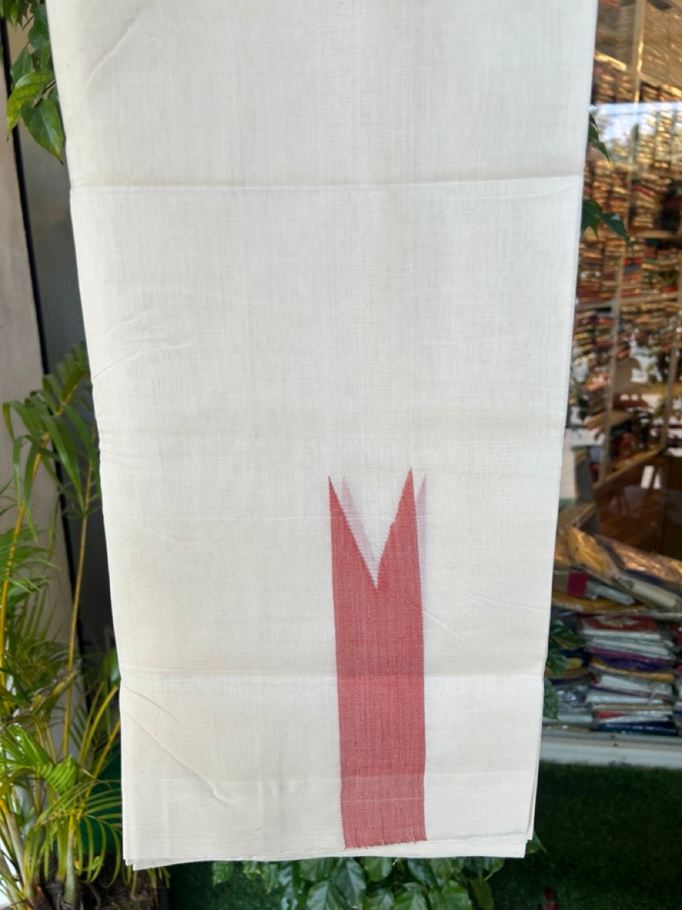 25% DISCOUNT ! KaithariKada HANDLOOM Unakkupaav Balaramapuram - 100% PURE Cotton Off White - (Unbleached) Double Mundu/Dhoti - 100x100 - 1.75 Inch Brick Red Chutty - 15KK5176ABH