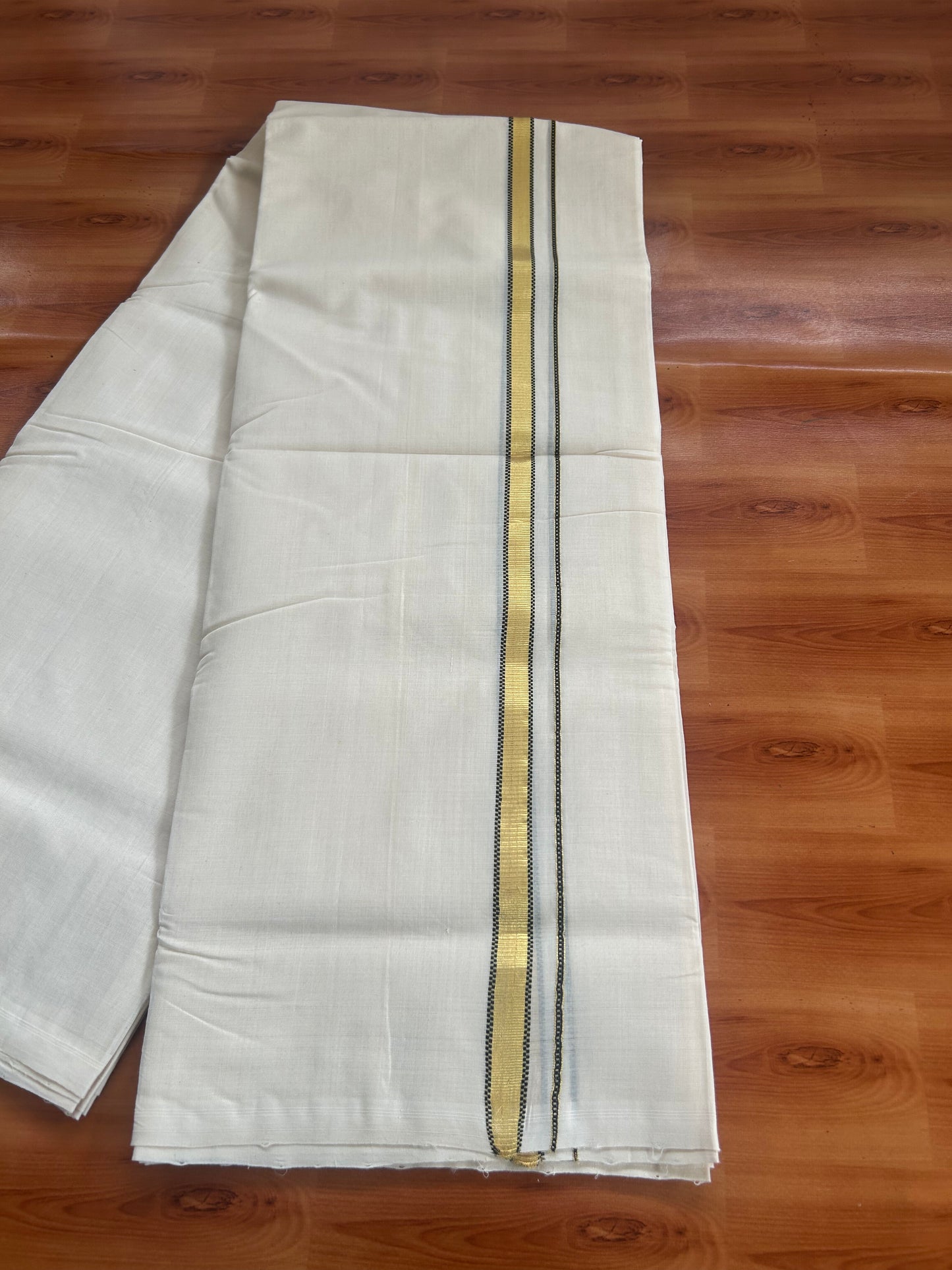 25% Discount ! KaithariKada Handloom Unakkupaav - Kerala Handloom - 100% Pure Cotton Off White Unbleached) Double Mundu/Dhoti - 100x80 - 0.5 Inch Gold Kasav & Black Muthukuri Kara 4 mtr (8.5 Muzham) - 82 KK5380 SOM