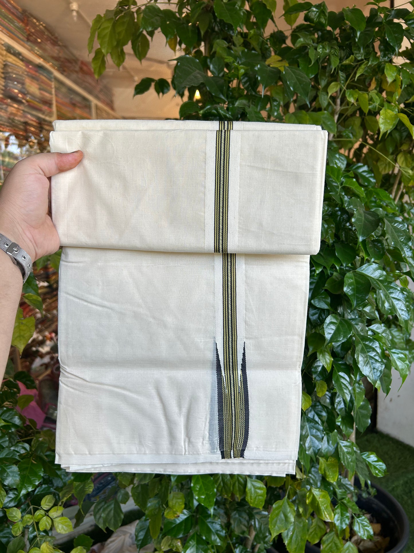 20% Discount !! KaithariKada Balaramapuram 100% Cotton Double Off White - (Unbleached) Mundu/Dhoti-100X100 - 1.5 inch Puliyilakkara Olive Green & Black Striped Chutty Kara (4.50 meter / 9.64 muzham) - 3 KK5338 ASH