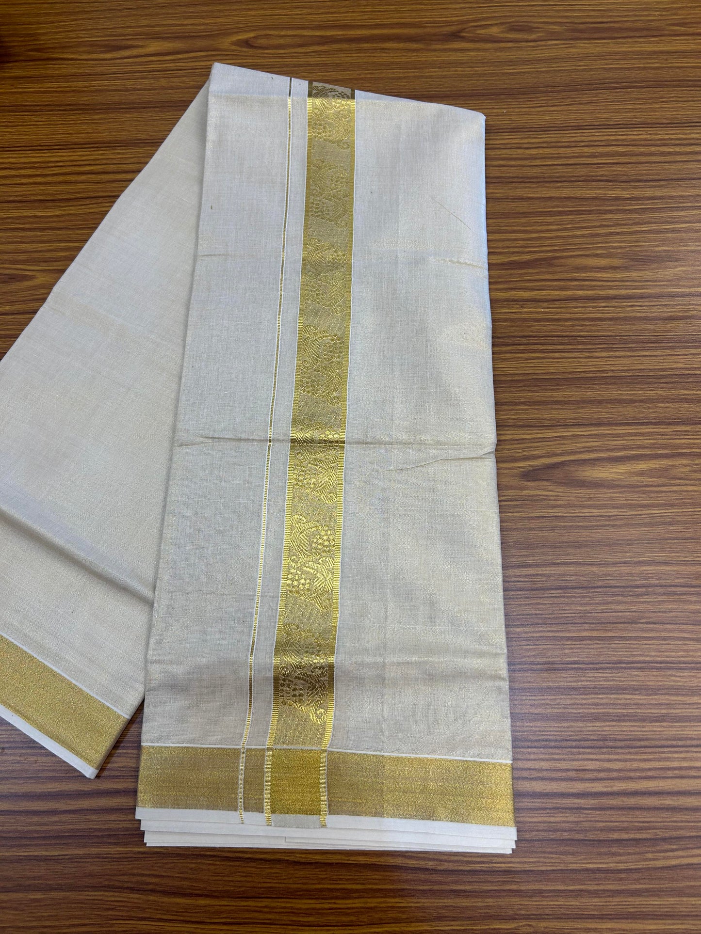 20% Discount! Kaitharikada Balaramapuram Mixed Cotton - Gold Kasav Tissue Material Double Dhoti/Mund - (60s) - 1.75 inch Gold Kasav Design kara 4 mtr (8.5 muzham) - 29 KK5362 GAN