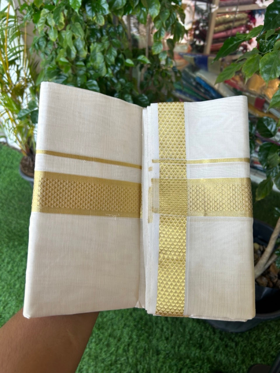 HANDLOOM Pure SILK Dhoti NEW! 25% DISCOUNT from Kaitharikada.com - BALARAMAPURAM Handloom Unakkupaav - OFF WHITE - Double Mundu/Dhoti - 100x100 - Pure cotton + Silk - 1.75 inch Gold Kasavu Designer Kara - 10KK5176ABH