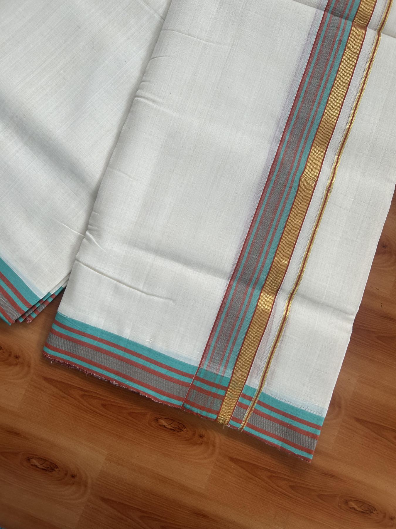 25% Discount ! KaithariKada Handloom Unakkupaav - Kerala Handloom - 100% Pure Cotton Off White (Unbleached) Double Mundu/Dhoti - 100x80 - 1.75 inch Gold Kasav & Turqouise green & Brick Red stripes design Kara 4 mtr (8.5 Muzham) - 85 KK5380 SOM
