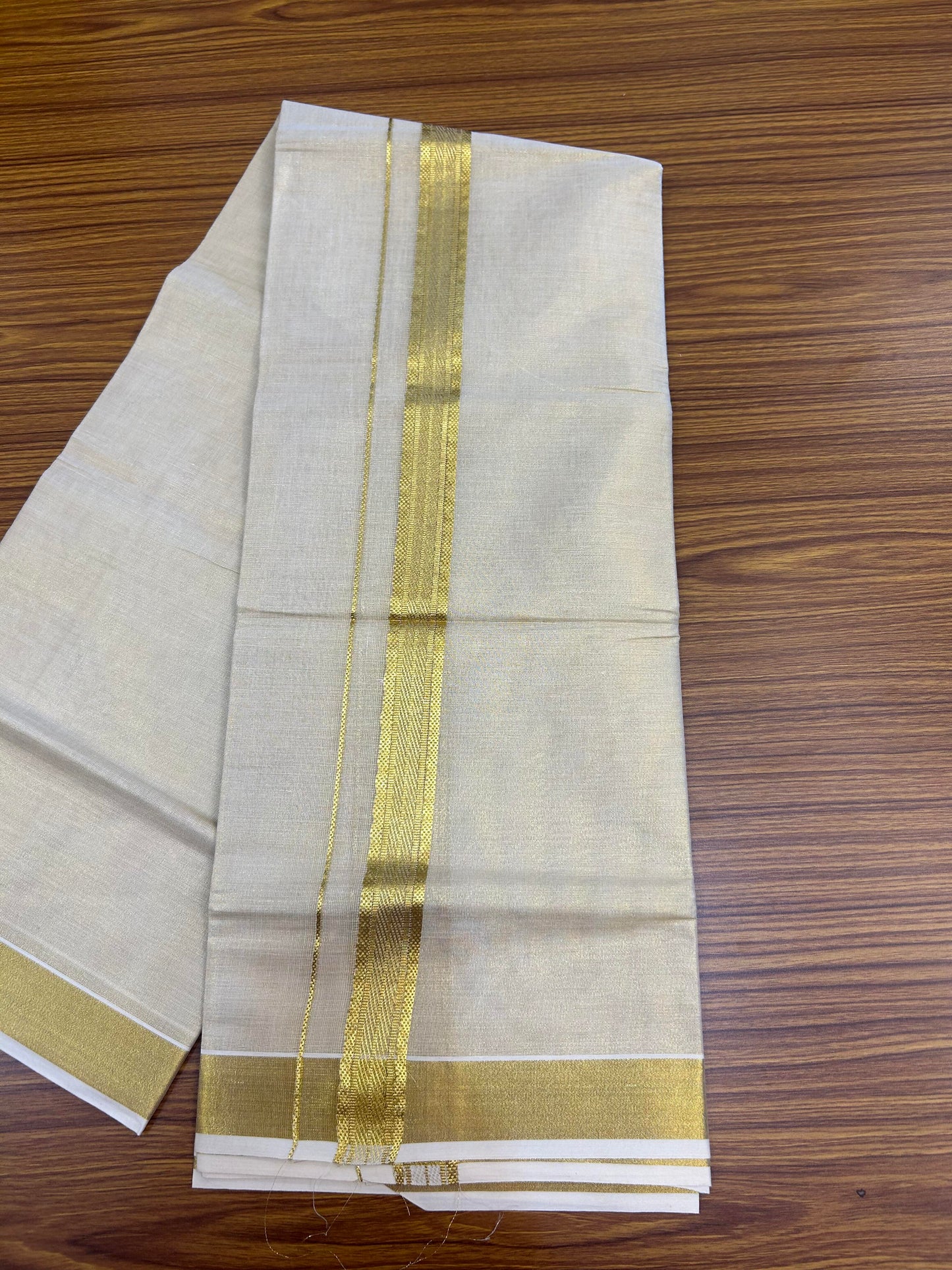 20% Discount! Kaitharikada Balaramapuram Mixed Cotton - Gold Kasav Tissue Material Double Dhoti/Mund - (60s) - 1.25 inch Gold Kasav Design kara 4 mtr (8.5 muzham) - 31 KK5362 GAN