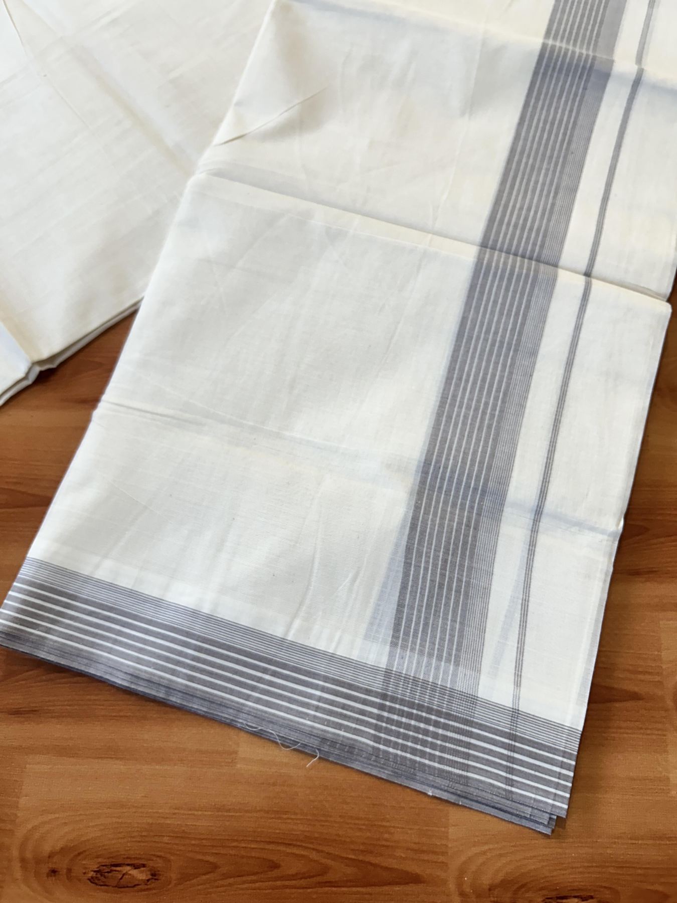 Double Off White (Unbleached) Mundu/Dhoti - 20% Discount! KaithariKada 100% Cotton - 100X80 - 1.5 inch Ash Grey Stripes Kara 4 mtr (8.5 Muzham) - 30 KK5451 THI