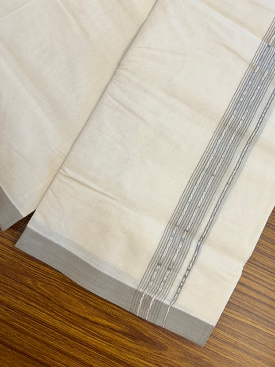 20% Discount KaithariKada Balaramapuram 100% Cotton Double Off white - (Unbleached) - Mundu/Dhoti - 100x100 - 1.25 inch Silver Kasav & Dark Beige Shaded Striped Kara - 3 KK5303 ASH