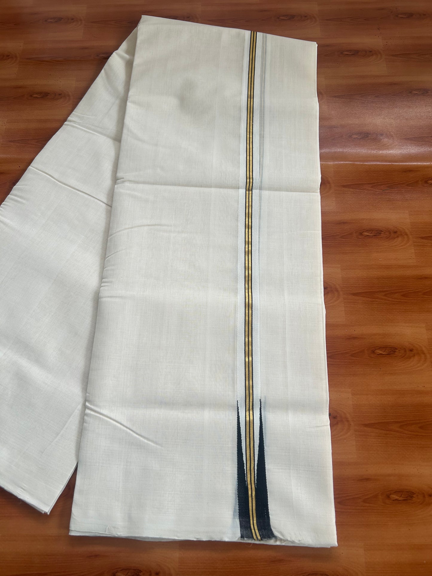 25% Discount ! KaithariKada Handloom Unakkupaav - Kerala Handloom - 100% Pure Cotton Off White (Unbleached) Double Mundu/Dhoti - 100x80 -1 inch Gold Kasav & Black Puliyilakkara Striped Chutty 4 mtr (8.5 Muzham) - 73 KK5380 SOM