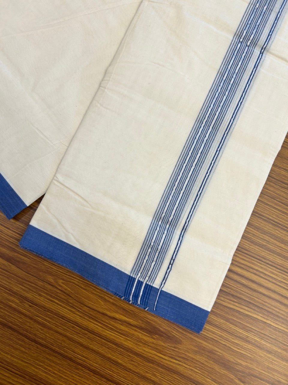 20% Discount KaithariKada Balaramapuram 100% Cotton Double Off white - (Unbleached) - Mundu/Dhoti - 100x100 - 1.25 inch Silver Kasav & Dark Blue Shaded Striped Kara - 2 KK5303 ASH