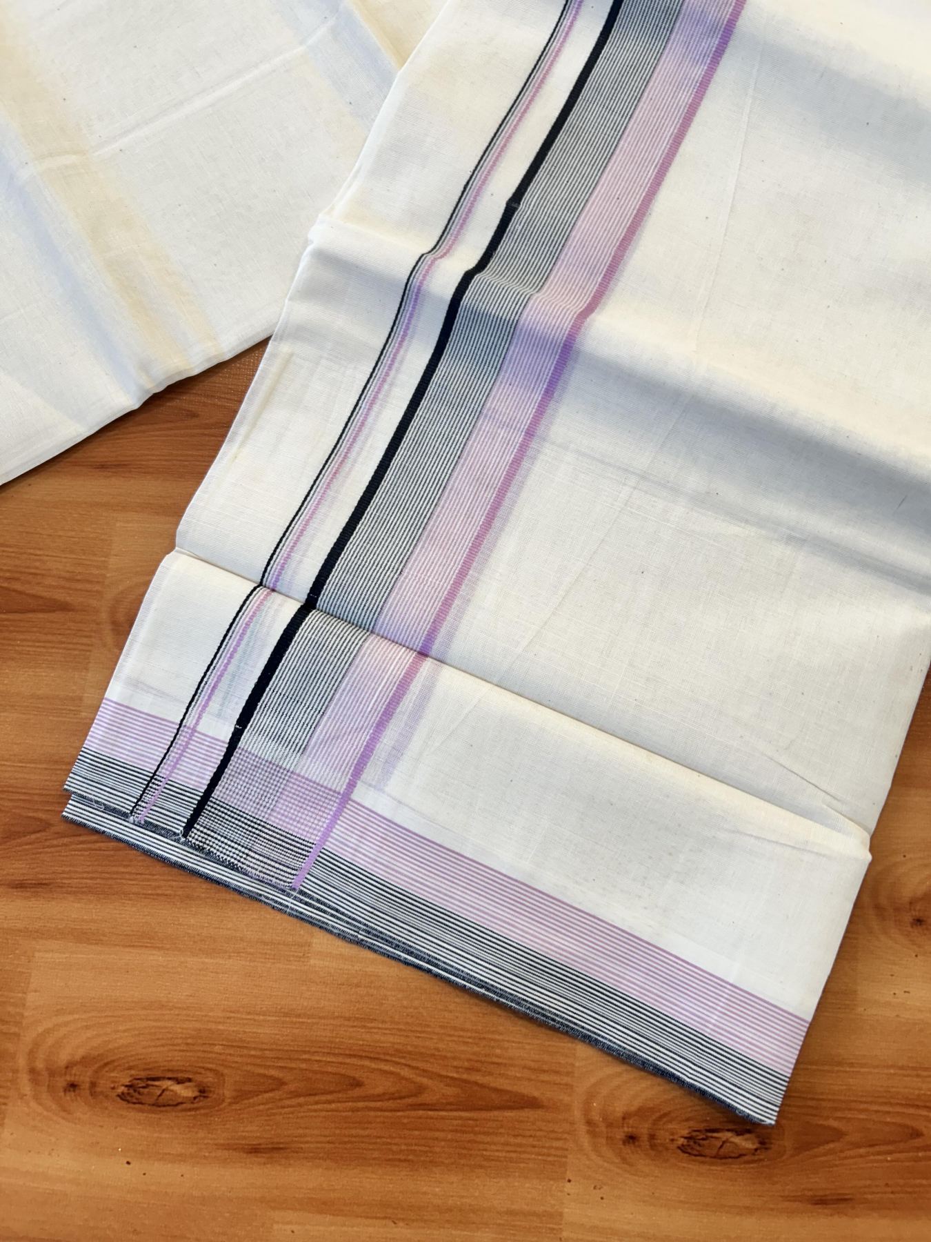 Double Off White (Unbleached) Mundu/Dhoti - 20% Discount! KaithariKada 100% Cotton - 100X80 - 1.75 inch Pastel Pink & Black Stripes Kara 4 mtr (8.5 Muzham) - 20 KK5451 THI