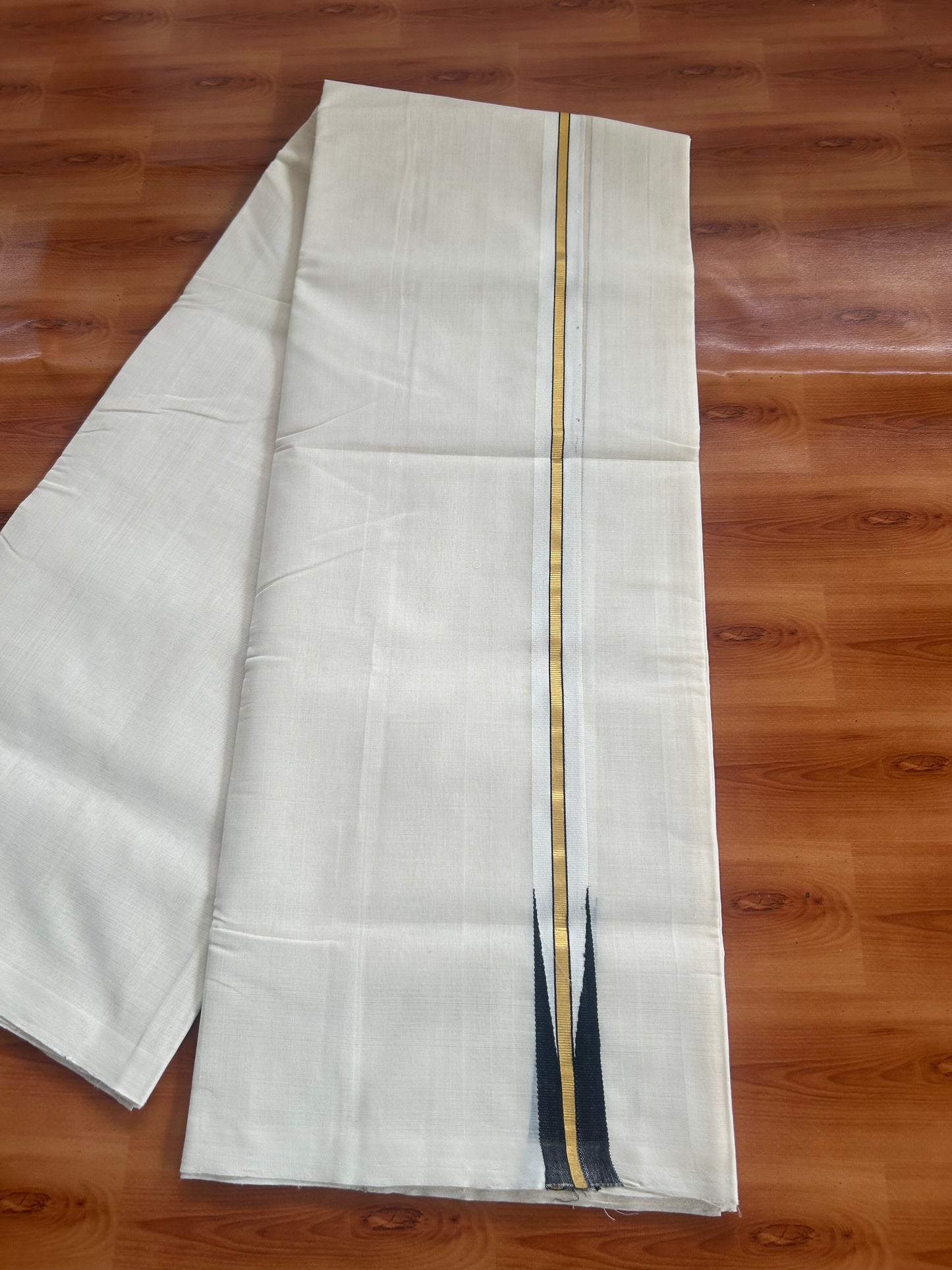 25% Discount ! KaithariKada Handloom Unakkupaav - Kerala Handloom - 100% Pure Cotton Off White (Unbleached) Double Mundu/Dhoti - 100x80 -1 inch Gold Kasav & Black Puliyilakkara Chutty 4 mtr (8.5 Muzham) - 72 KK5380 SOM