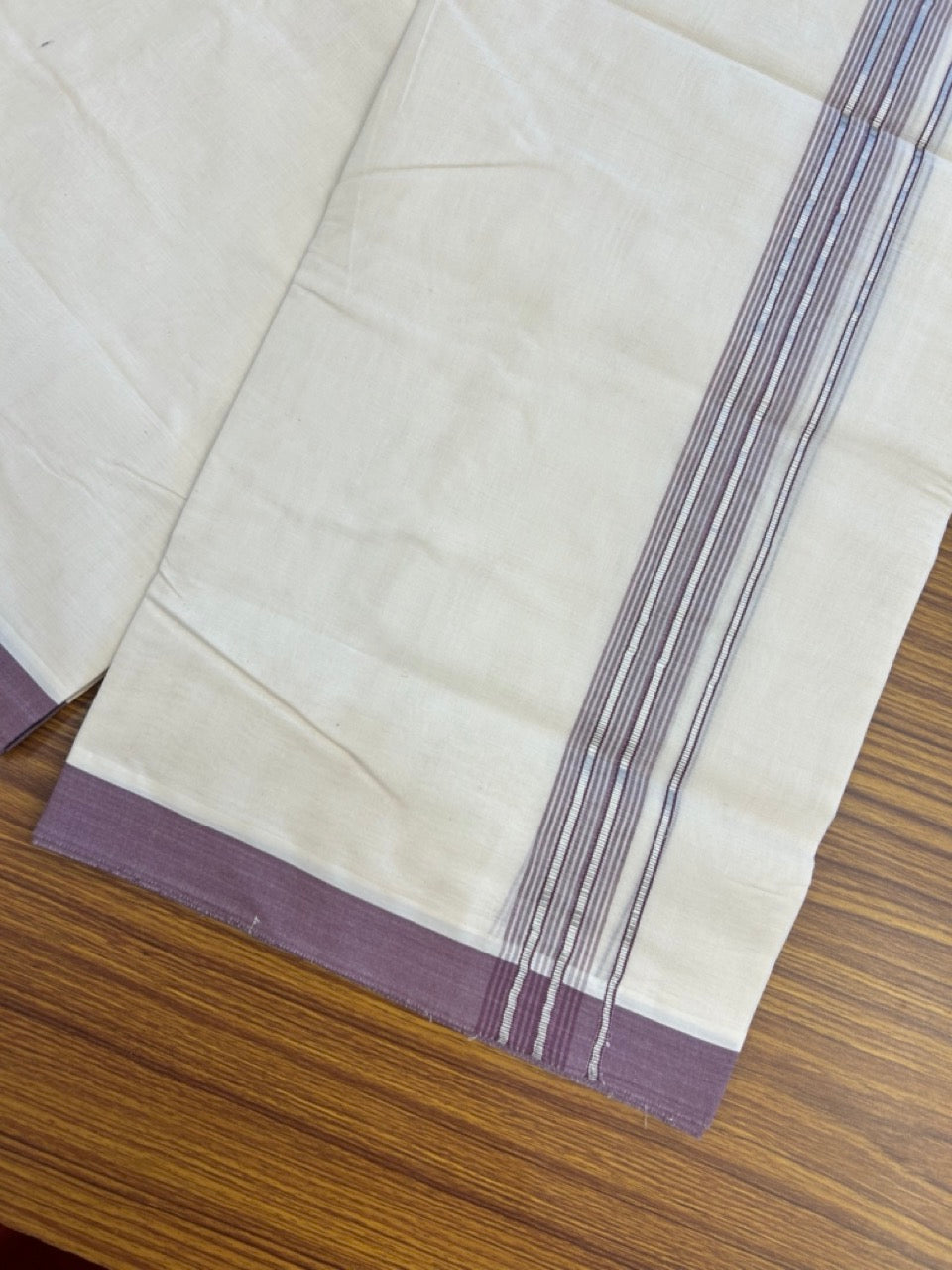 20% Discount KaithariKada Balaramapuram 100% Cotton Double Off white - (Unbleached) - Mundu/Dhoti - 100x100 - 1.25 inch Silver Kasav & Light Purple Shaded Striped Kara - 4 KK5303 ASH