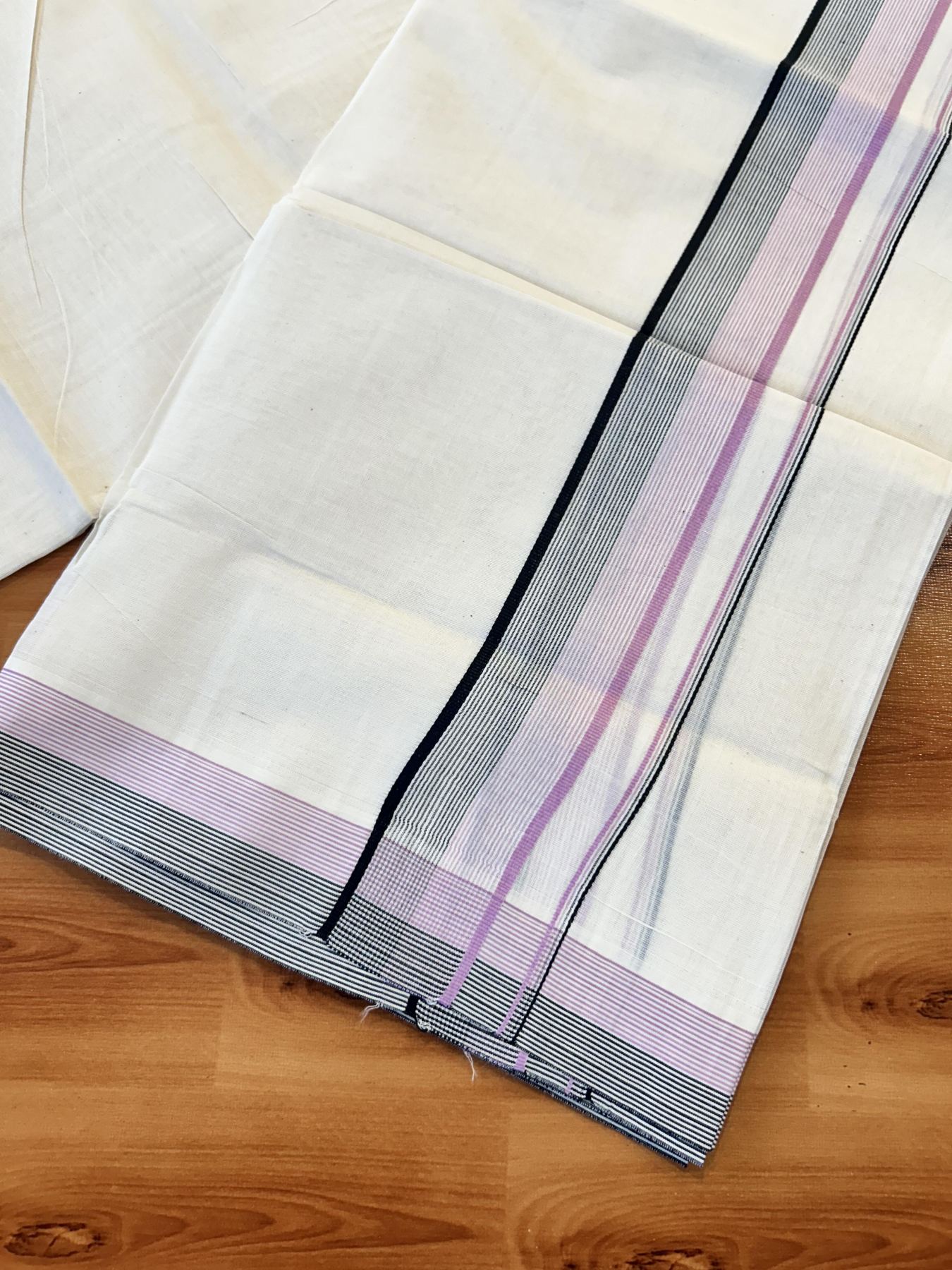 Double Off White (Unbleached) Mundu/Dhoti - 20% Discount! KaithariKada 100% Cotton - 100X80 - 1.75 inch Pastel Pink & Black Stripes Kara 4 mtr (8.5 Muzham) - 19 KK5451 THI