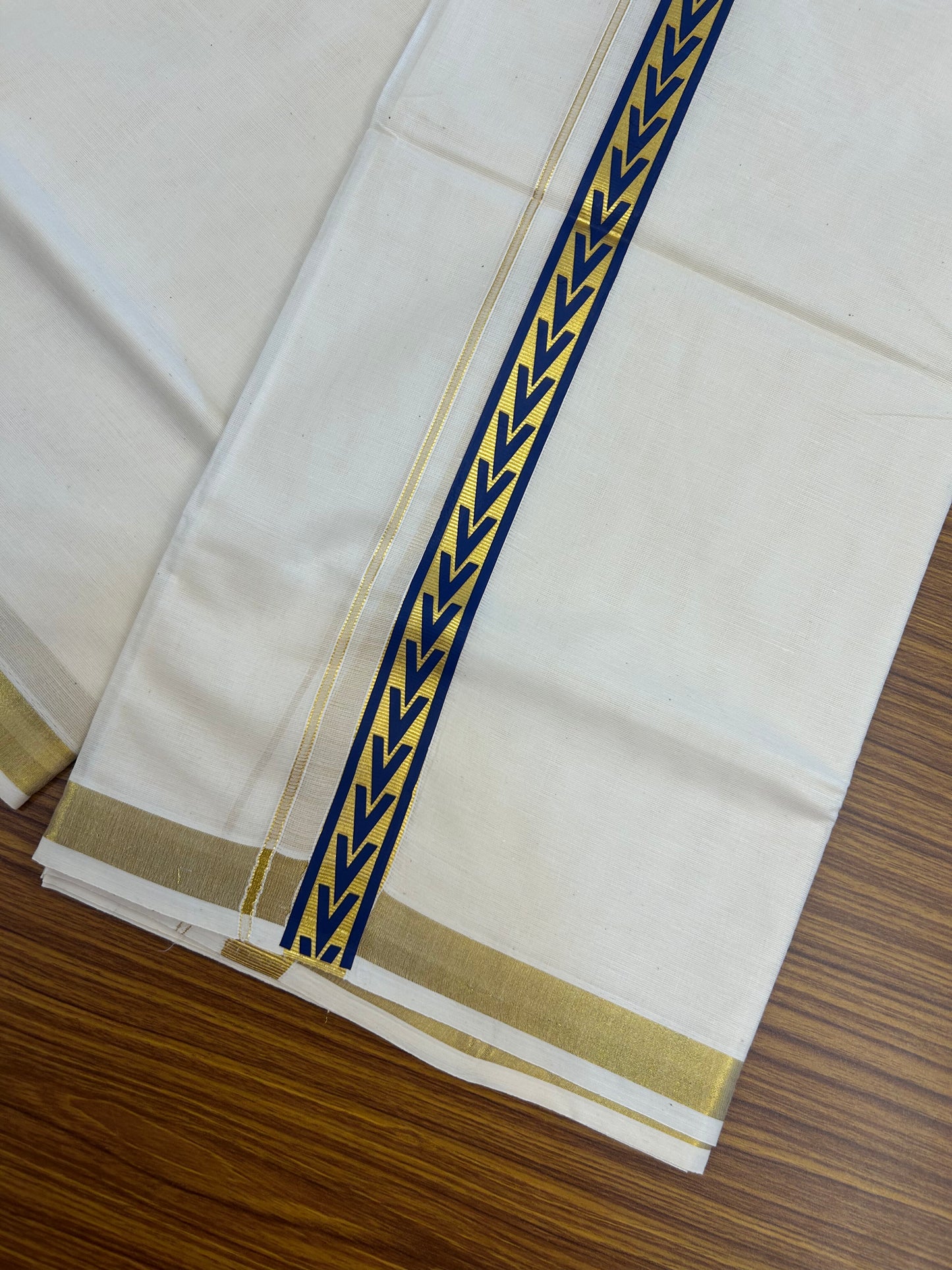 20% Discount!! KaithariKada Balaramapuram 100% Cotton Double Off White - (Unbleached) Mundu/Dhoti - 60x60 - 1 inch Gold Kasav with Dark Blue Arrow Printed Design Kara - 72 KK5362 GAN