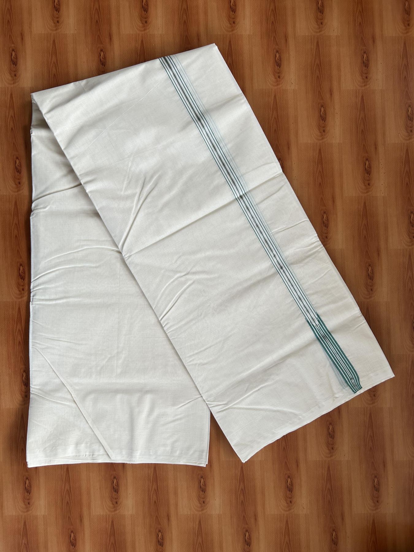 Double Off White (Unbleached) Mundu/Dhoti - 20% Discount !! KaithariKada Balaramapuram - 100% Cotton - 100X100 - 6 line 0.75 inch Silver Kasav & Persian Green Stripes chutty (4.50 meter / 9.64 muzham) - 29 KK5392 ASH