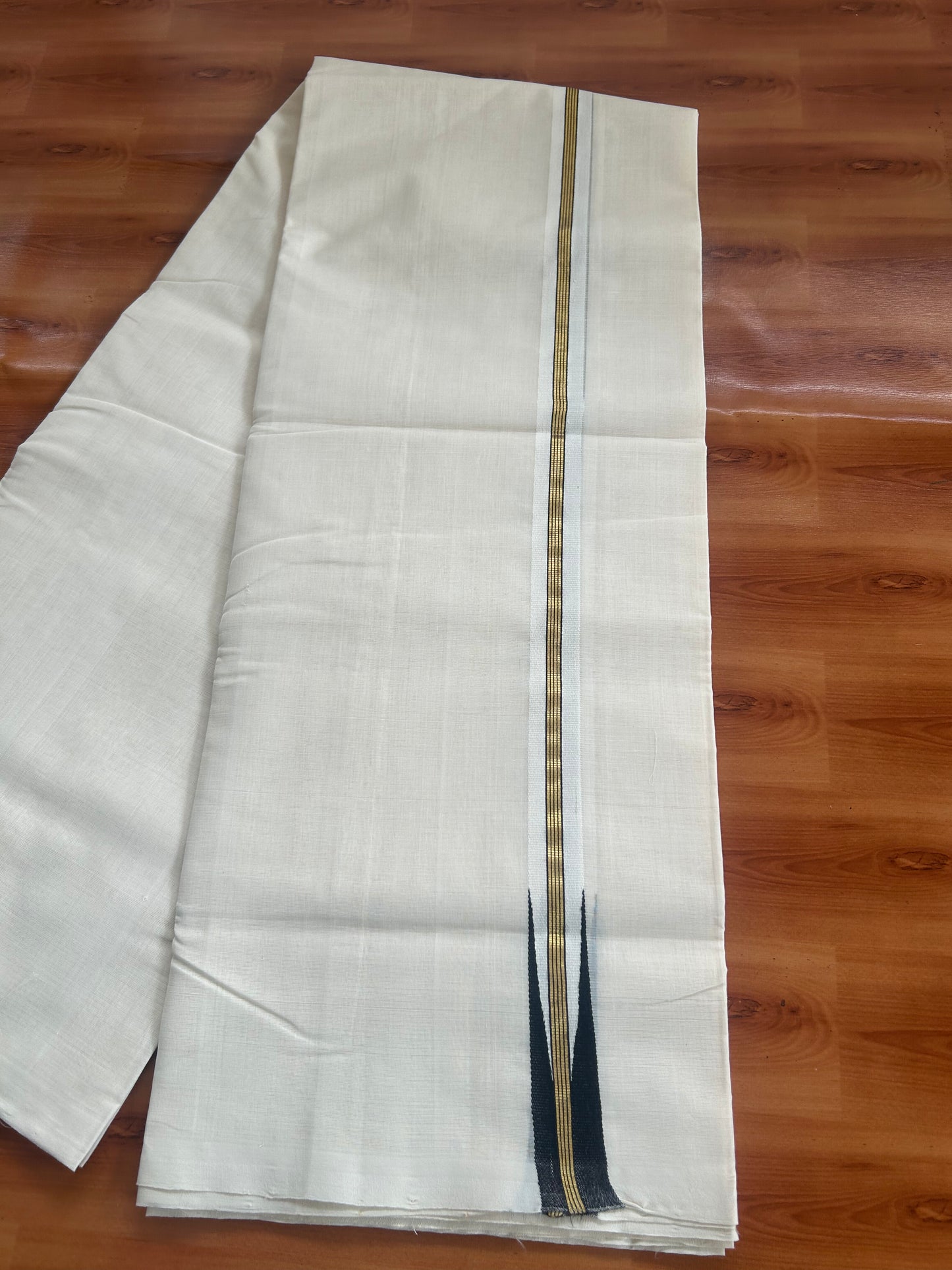 25% Discount ! KaithariKada Handloom Unakkupaav - Kerala Handloom - 100% Pure Cotton Off White (Unbleached) Double Mundu/Dhoti - 100x80 -1 inch Gold Kasav & Black Puliyilakkara Striped Chutty 4 mtr (8.5 Muzham) - 75 KK5380 SOM