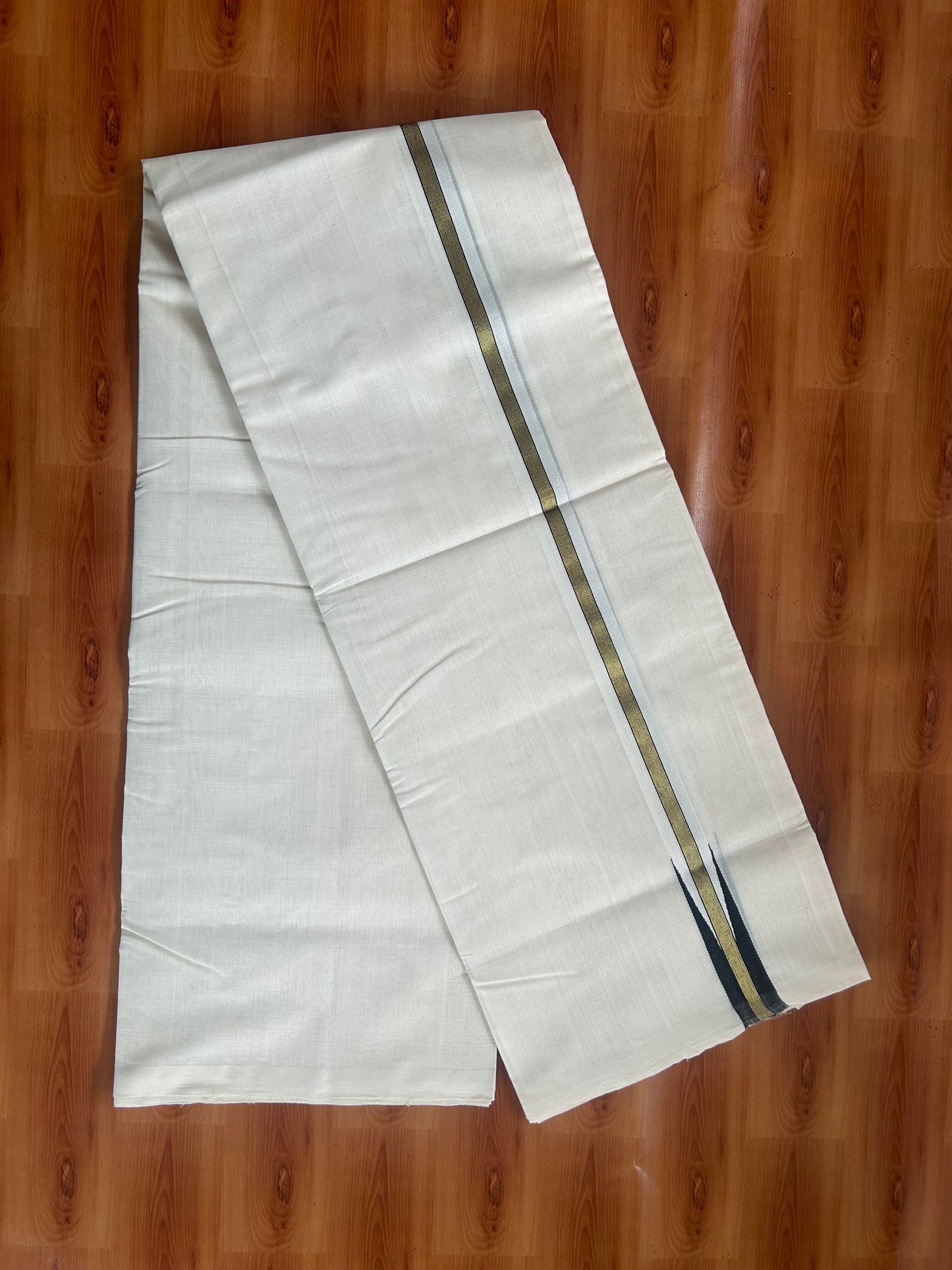 25% Discount ! KaithariKada Handloom Unakkupaav - Kerala Handloom - 100% Pure Cotton Off White (Unbleached) Double Mundu/Dhoti - 100x80 -1 inch Gold Kasav & Black Puliyilakkara Striped Chutty 4 mtr (8.5 Muzham) - 76 KK5380 SOM