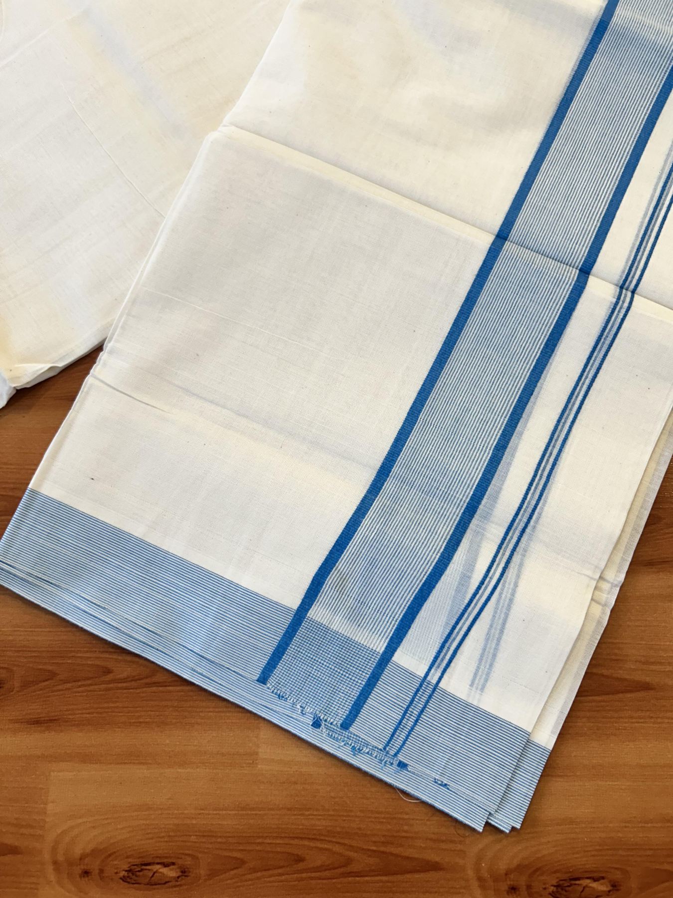 Double Off White (Unbleached) Mundu/Dhoti - 20% Discount! KaithariKada 100% Cotton - 100X80 - 1.75 inch Sky Blue Stripes Kara 4 mtr (8.5 Muzham) - 24 KK5451 THI