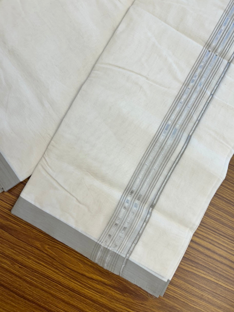 20% Discount KaithariKada Balaramapuram 100% Cotton Double Off white - (Unbleached) - Mundu/Dhoti - 100x100 - 1.25 inch Silver Kasav & Dark Beige Shaded Striped Kara - 5 KK5303 ASH