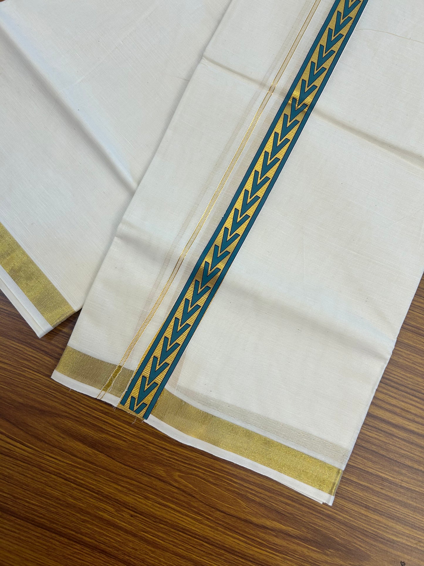 20% Discount!! KaithariKada Balaramapuram 100% Cotton Double Off White - (Unbleached) Mundu/Dhoti - 60x60 - 1 inch Gold Kasav with Emerald Green & Navy Blue Arrow Printed Design Kara - 74 KK5362 GAN