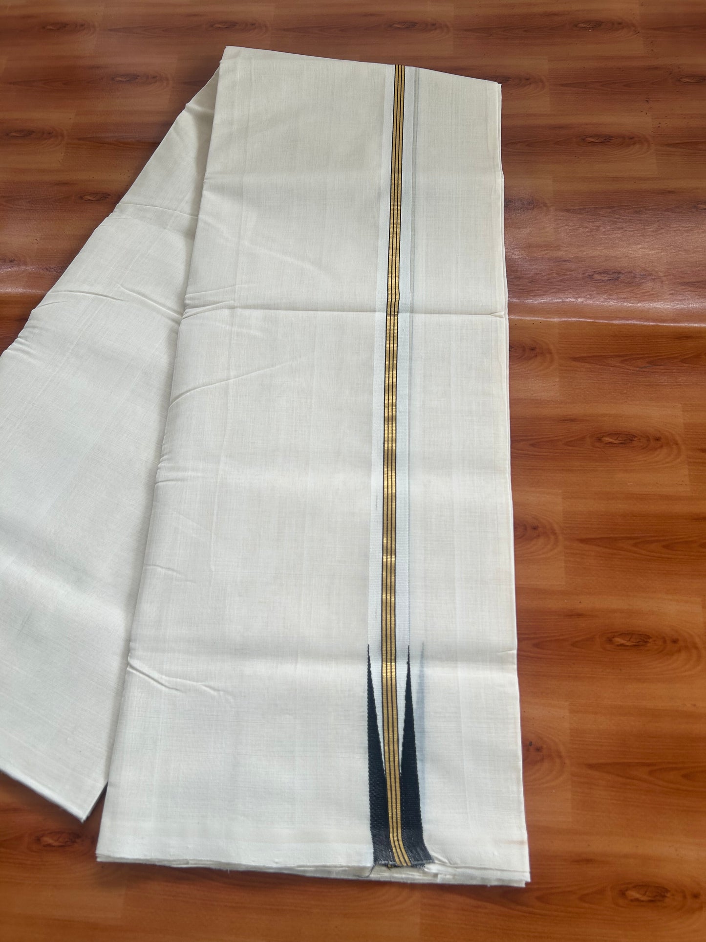 25% Discount ! KaithariKada Handloom Unakkupaav - Kerala Handloom - 100% Pure Cotton Off White (Unbleached) Double Mundu/Dhoti - 100x80 -1 inch Gold Kasav & Black Puliyilakkara Striped Chutty 4 mtr (8.5 Muzham) - 74 KK5380 SOM