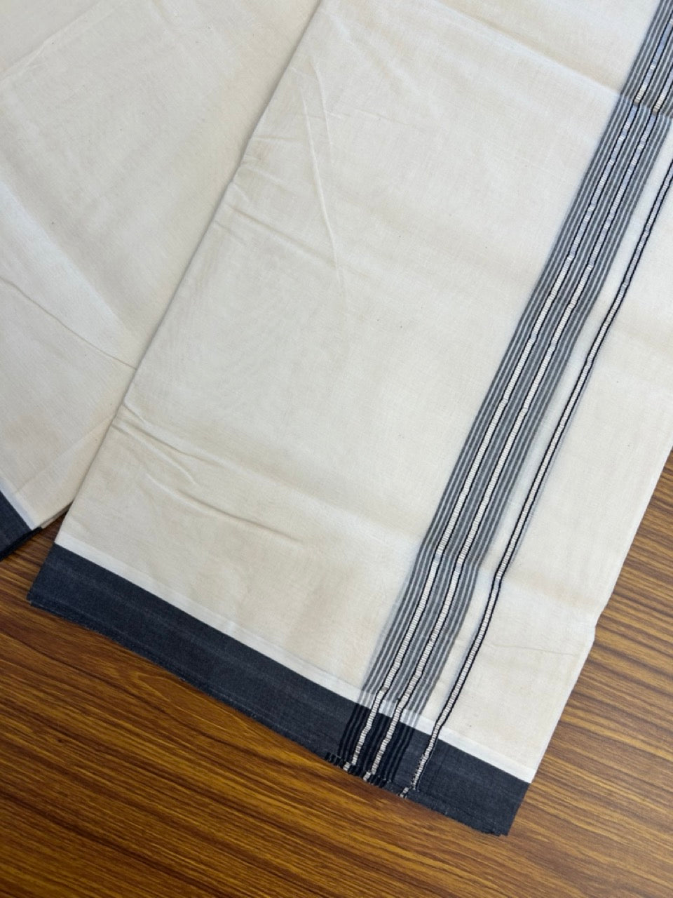 20% Discount KaithariKada Balaramapuram 100% Cotton Double Off white - (Unbleached) - Mundu/Dhoti - 100x100 - 1.25 inch Silver Kasav & Black Shaded Striped Kara - 8 KK5303 ASH