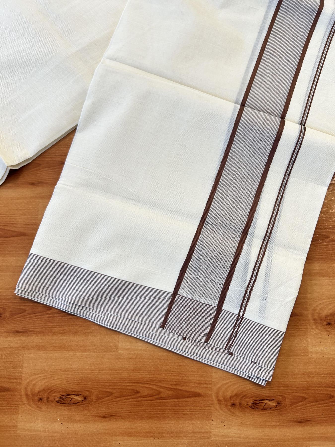 Double Off White (Unbleached) Mundu/Dhoti - 20% Discount! KaithariKada 100% Cotton - 100X80 - 1.75 inch Chocolate Brown Stripes Kara 4 mtr (8.5 Muzham) - 22 KK5451 THI