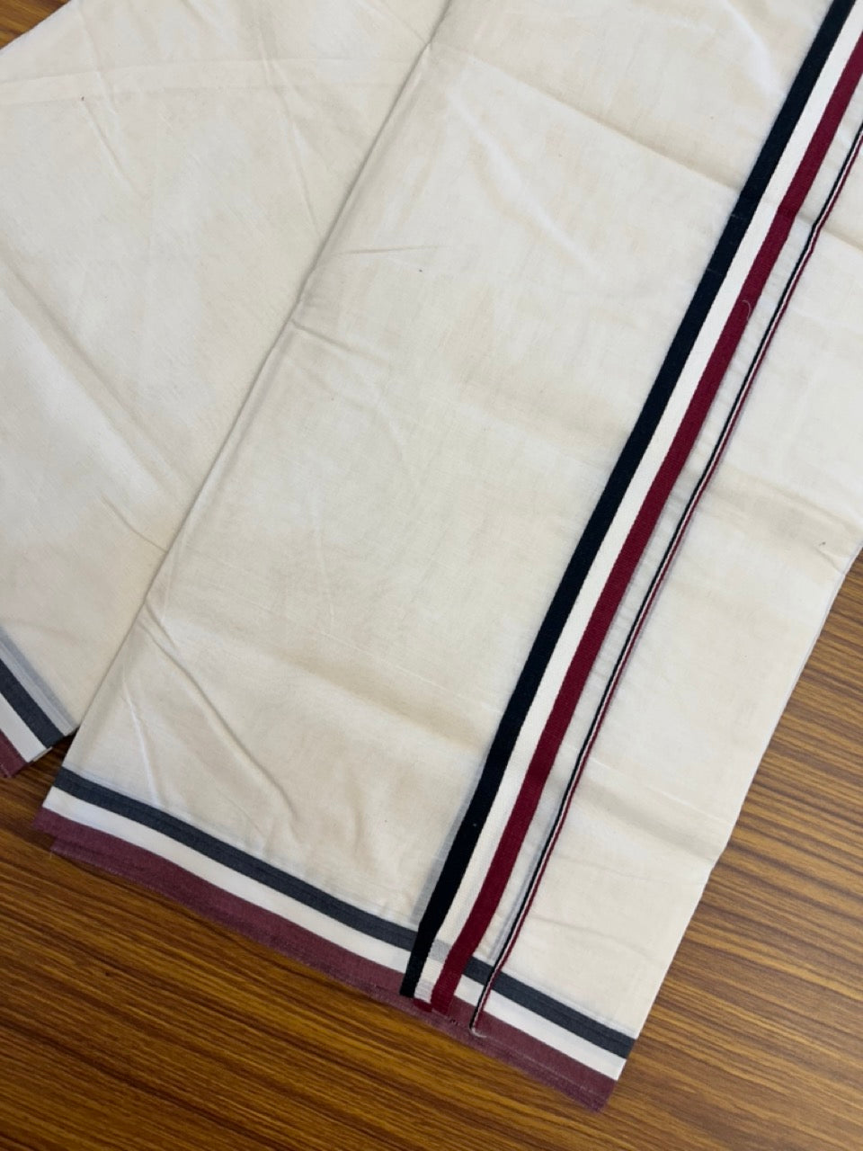 ADMK VESHTI - 20% DISCOUNT! KaithariKada 100% Cotton off white Double - (Unbleached) Mundu/Dhoti - 100X100 - 1 inch Black White & Maroon kara - 7 KK5303 ASH