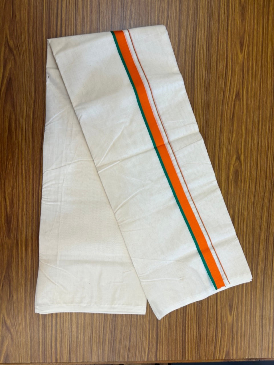 BJP VESHTI - 20% DISCOUNT! KaithariKada 100% Cotton off white Double - (Unbleached) Mundu/Dhoti - 100X80 - 1 inch Orange & Green Kara - 8 KK5303 ASH