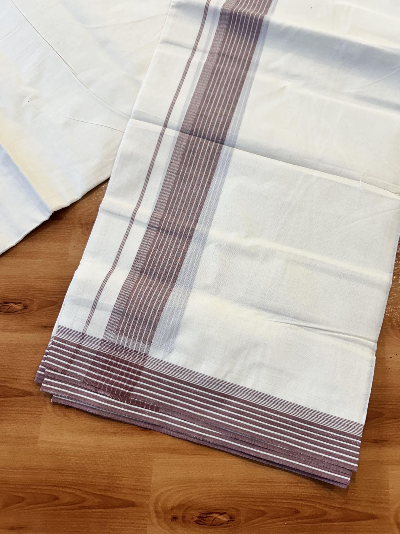 Double Off White (Unbleached) Mundu/Dhoti - 20% Discount! KaithariKada 100% Cotton - 100X80 - 1.5 inch Brown Stripes Kara 4 mtr (8.5 Muzham) - 26 KK5451 THI