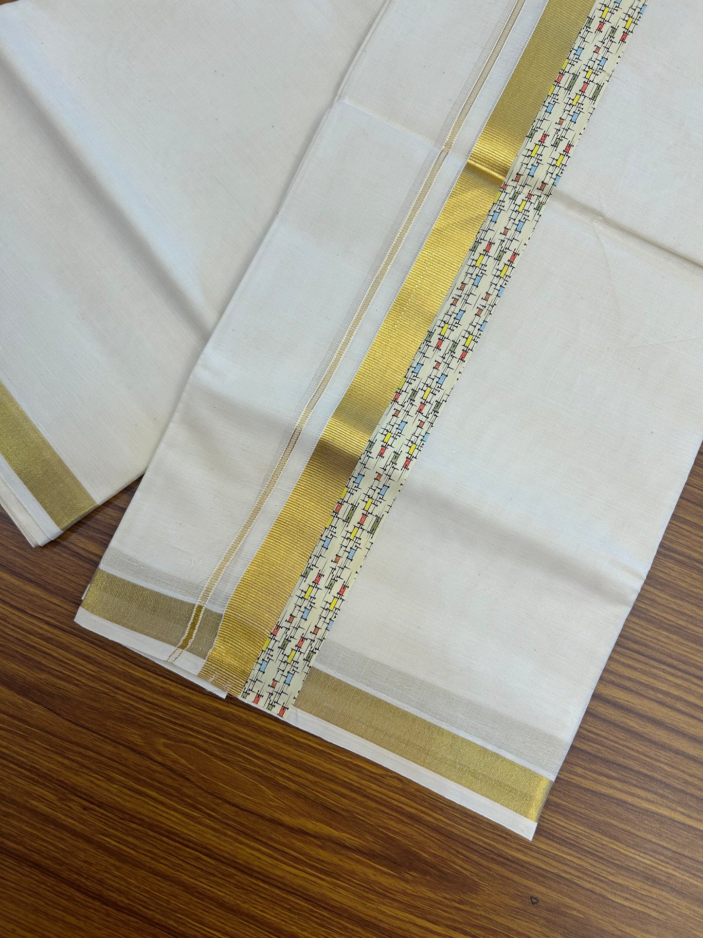 20% Discount!! KaithariKada Balaramapuram 100% Cotton Double Off White - (Unbleached) Mundu/Dhoti - 60s - 2 inch Gold Kasav & Printed Design Kara - 36 KK5362 GAN