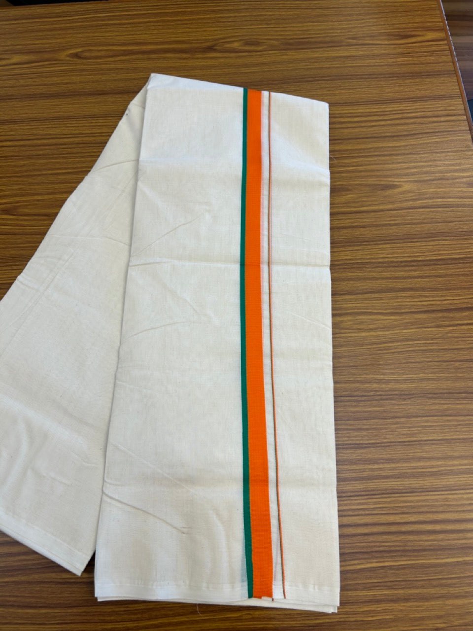 BJP VESHTI - 20% DISCOUNT! KaithariKada 100% Cotton off white Double - (Unbleached) Mundu/Dhoti - 100X80 - 1 inch Orange & Green Kara - 8 KK5303 ASH